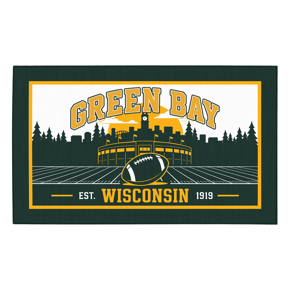 My Magic Carpet 3 x 5 Green Bay football machine washable area rug in dark green, gold, cream and white, NFL fan decor with Green Bay Packers-inspired football, Wisconsin and stadium graphic.