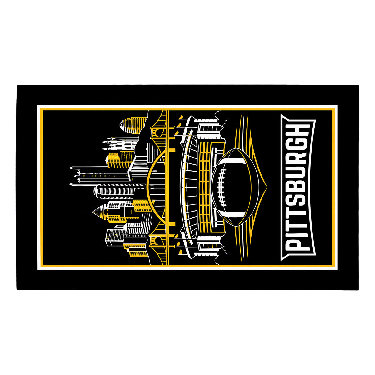 My Magic Carpet 5 x 7 Pittsburgh football machine washable area rug in black, gold and white, NFL game room decor with Pittsburgh Steelers-inspired skyline, stadium and football artwork.