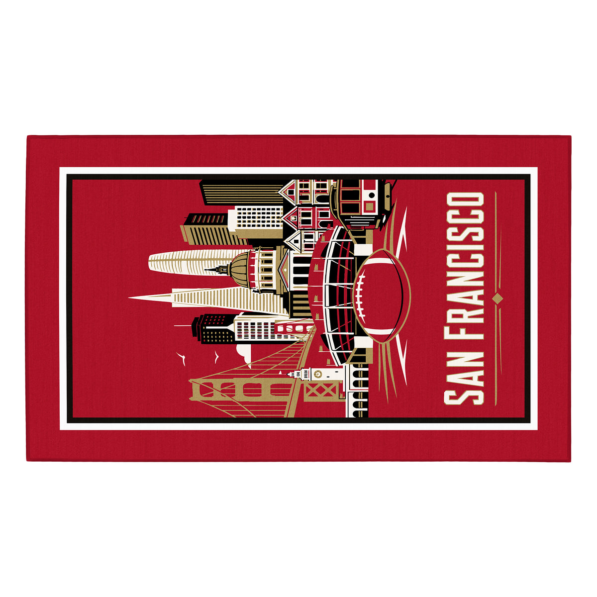My Magic Carpet 5 x 7 San Francisco football machine washable area rug in red, gold, black and cream, NFL game room decor with San Francisco 49ers-inspired Golden Gate Bridge, cable car and football artwork.