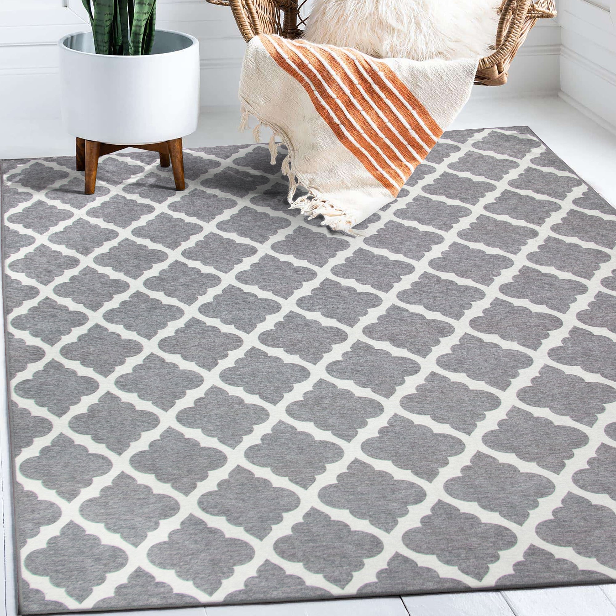 Moroccan Trellis Grey Kitchen Washable Rug