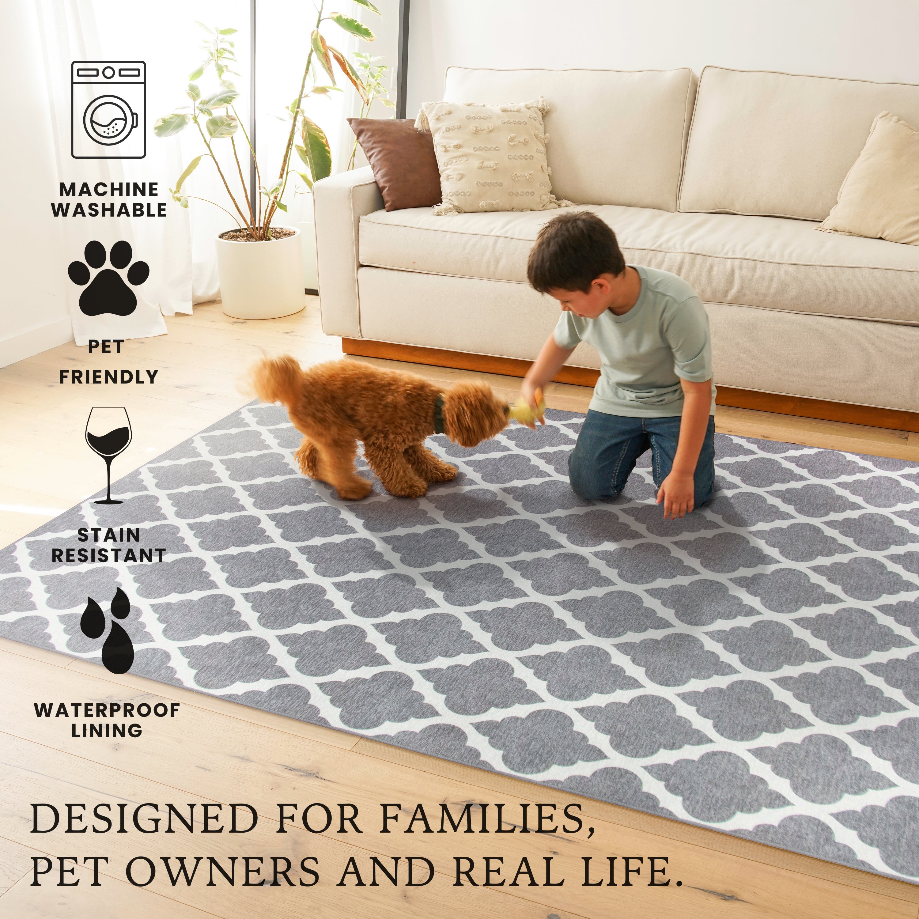 Moroccan Trellis Grey Kitchen Washable Rug