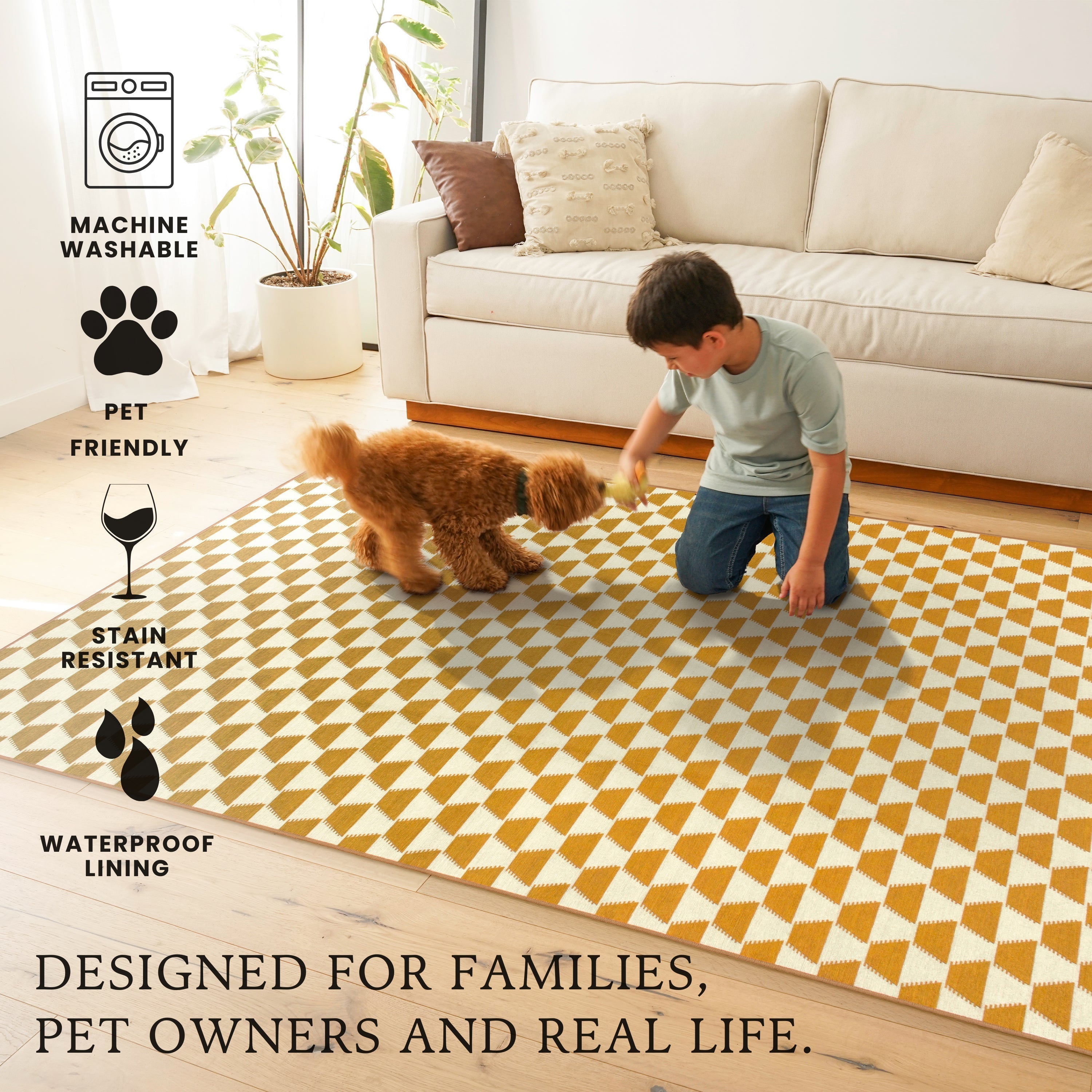 Yanis Yellow Gold Dining Room Washable Rug
