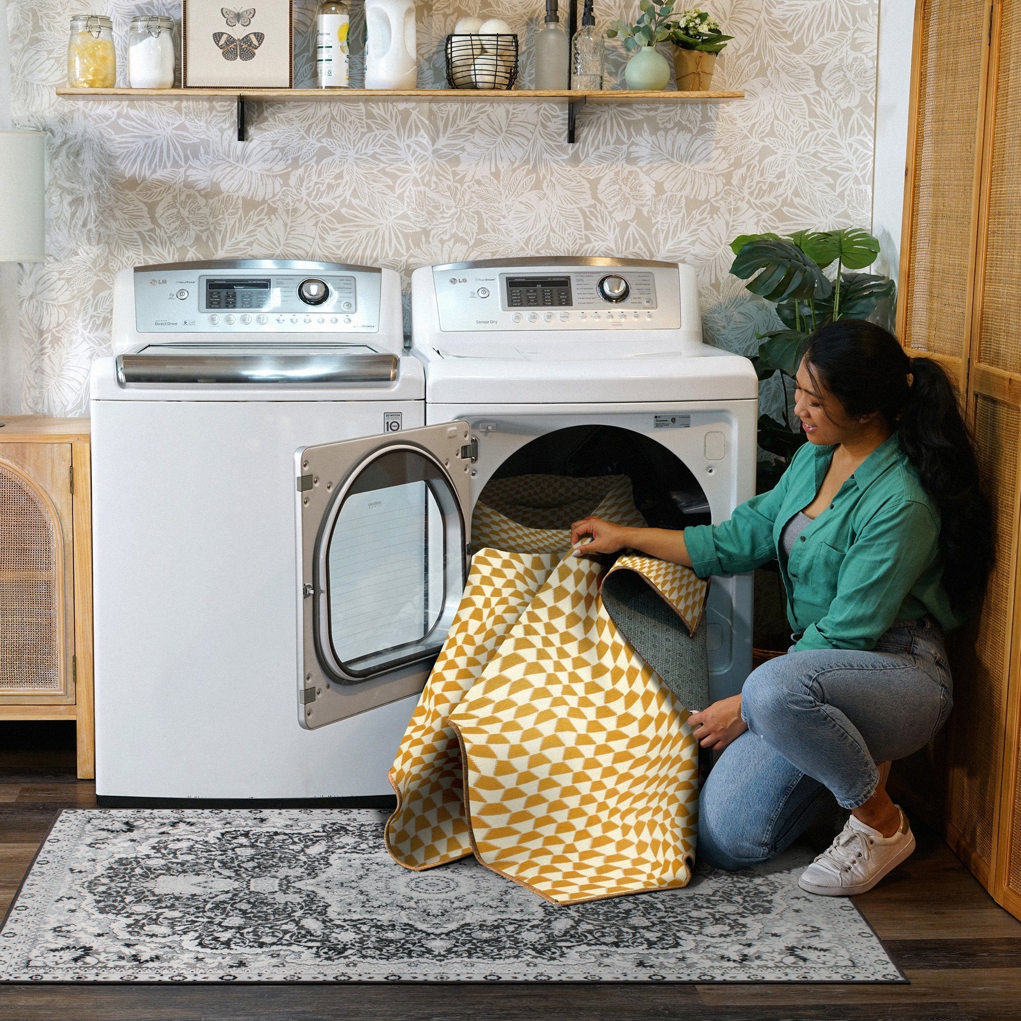 Yanis Yellow Gold Dining Room Washable Rug