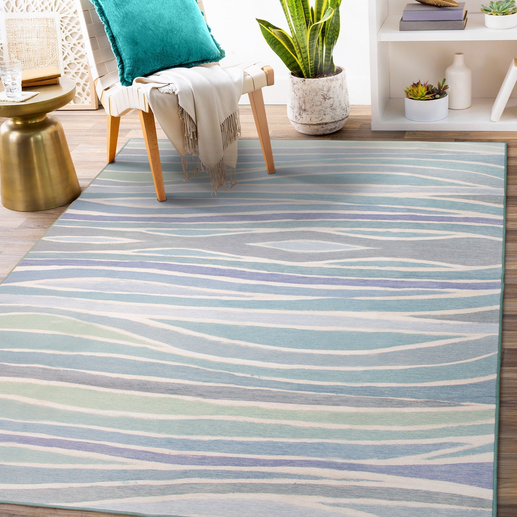 Waves Ocean Blue Dining Room Washable Rug