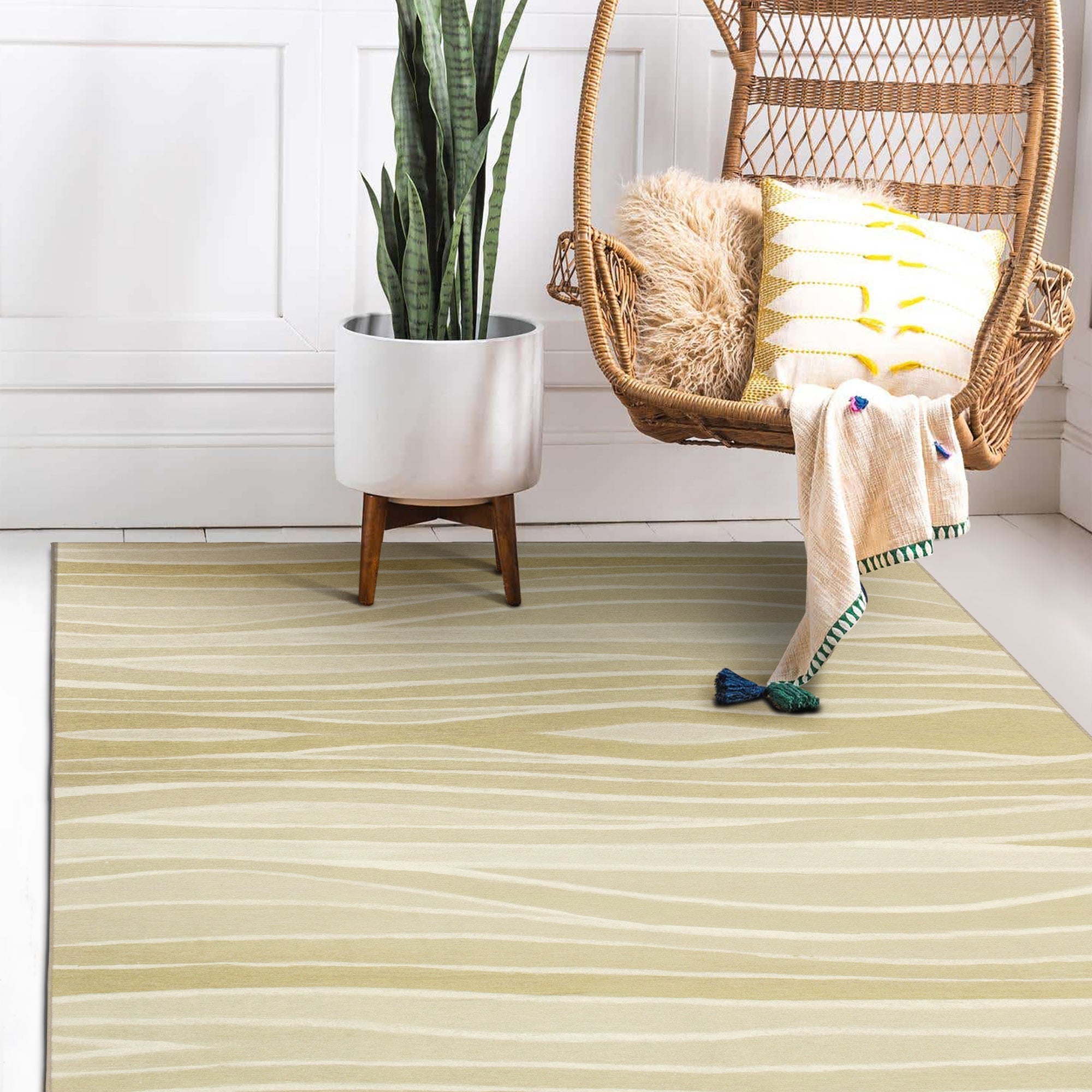 Waves Natural Dining Room Washable Rug