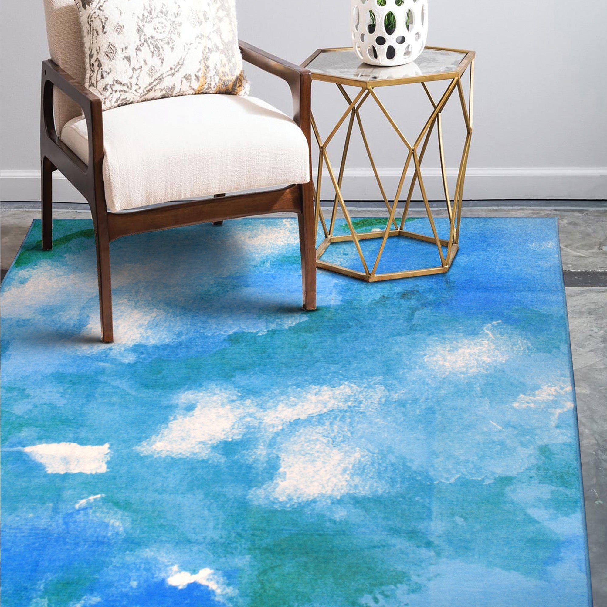 Watercolor Aqua Dining Room Washable Rug