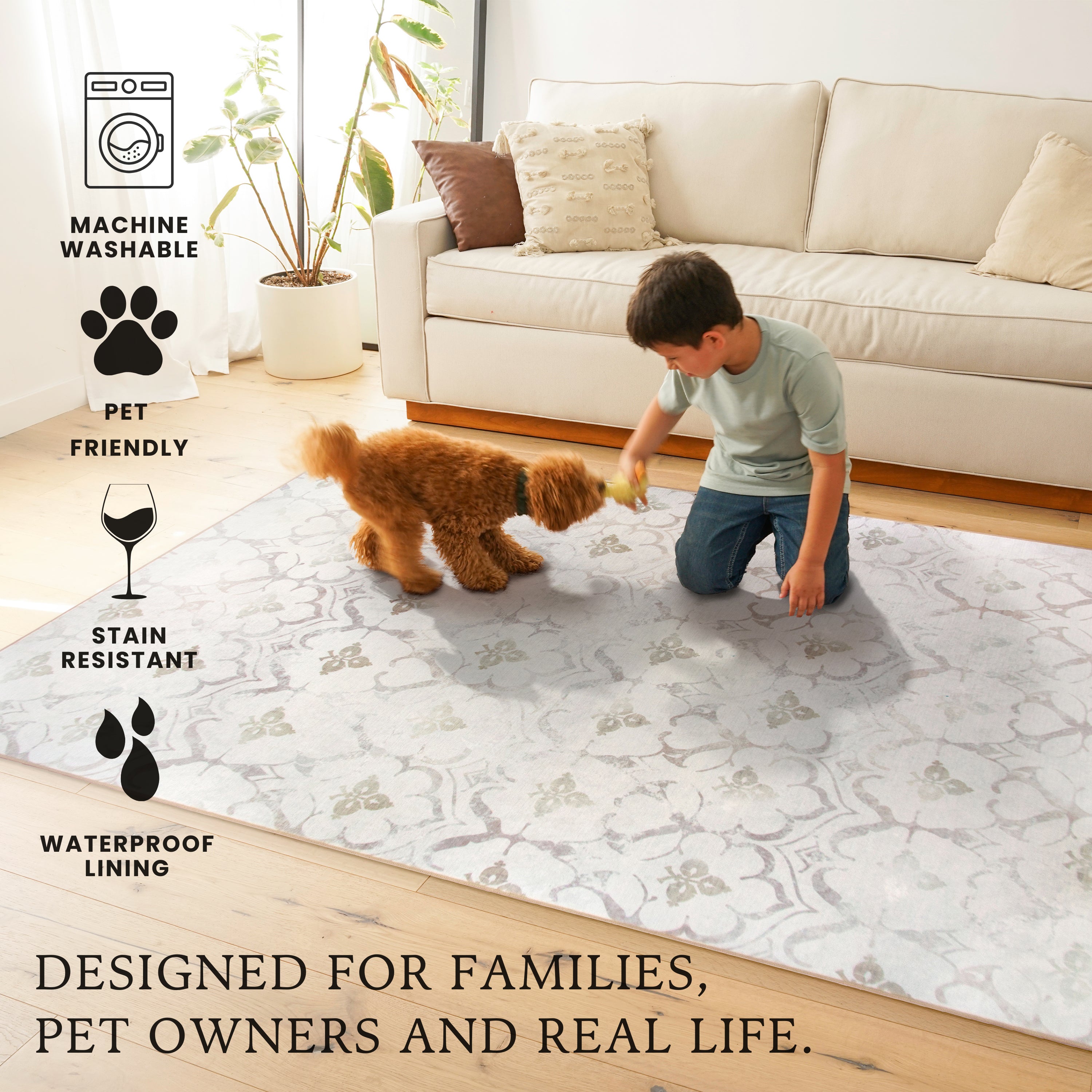 Leilani Damask Ivory Dining Room Washable Rug