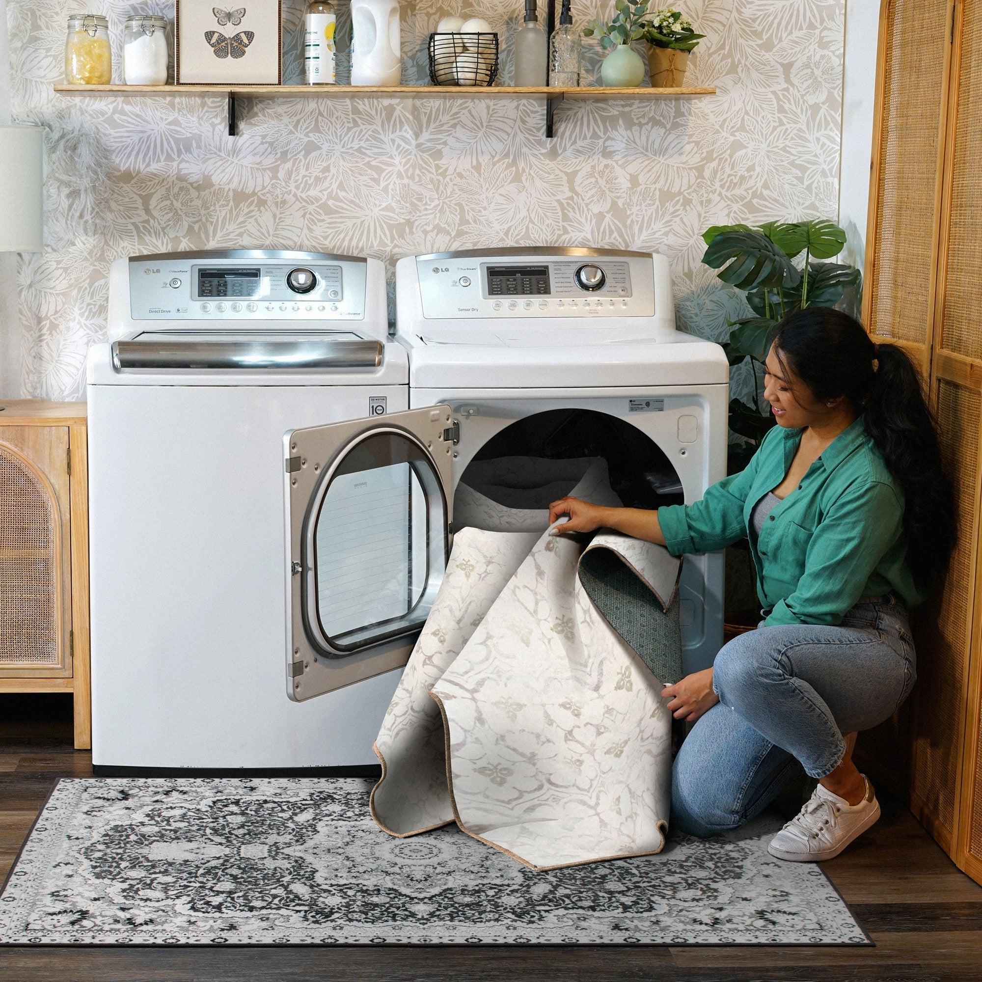 Leilani Damask Ivory Dining Room Washable Rug