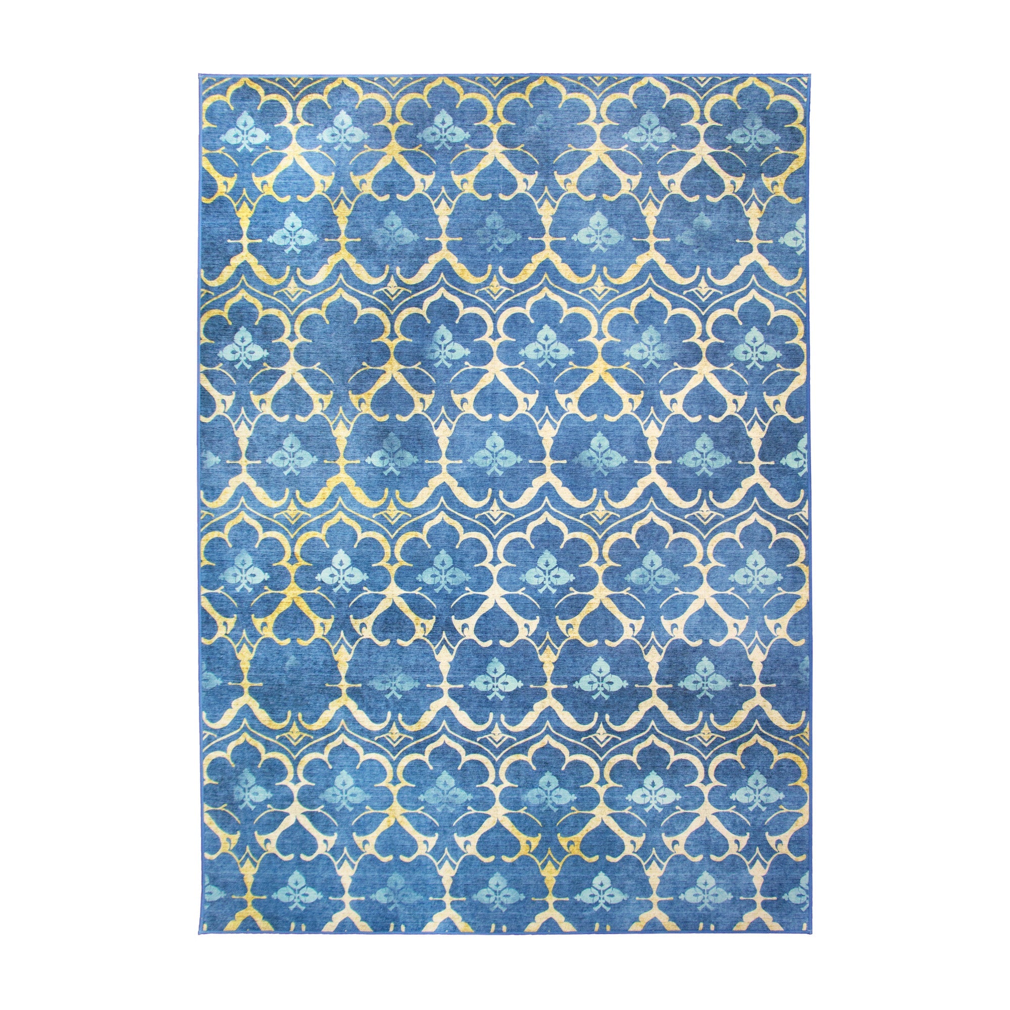 Leilani Damask Blue Kitchen Washable Rug