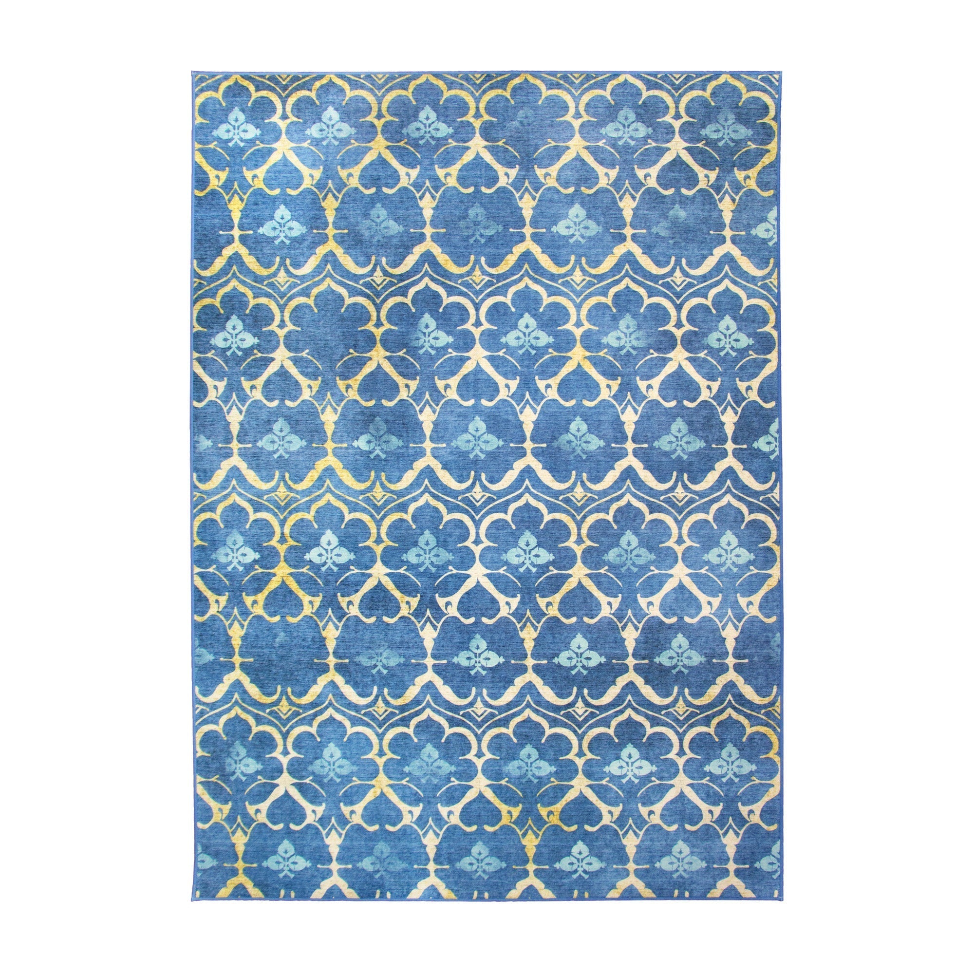 Leilani Damask Blue Dining Room Washable Rug