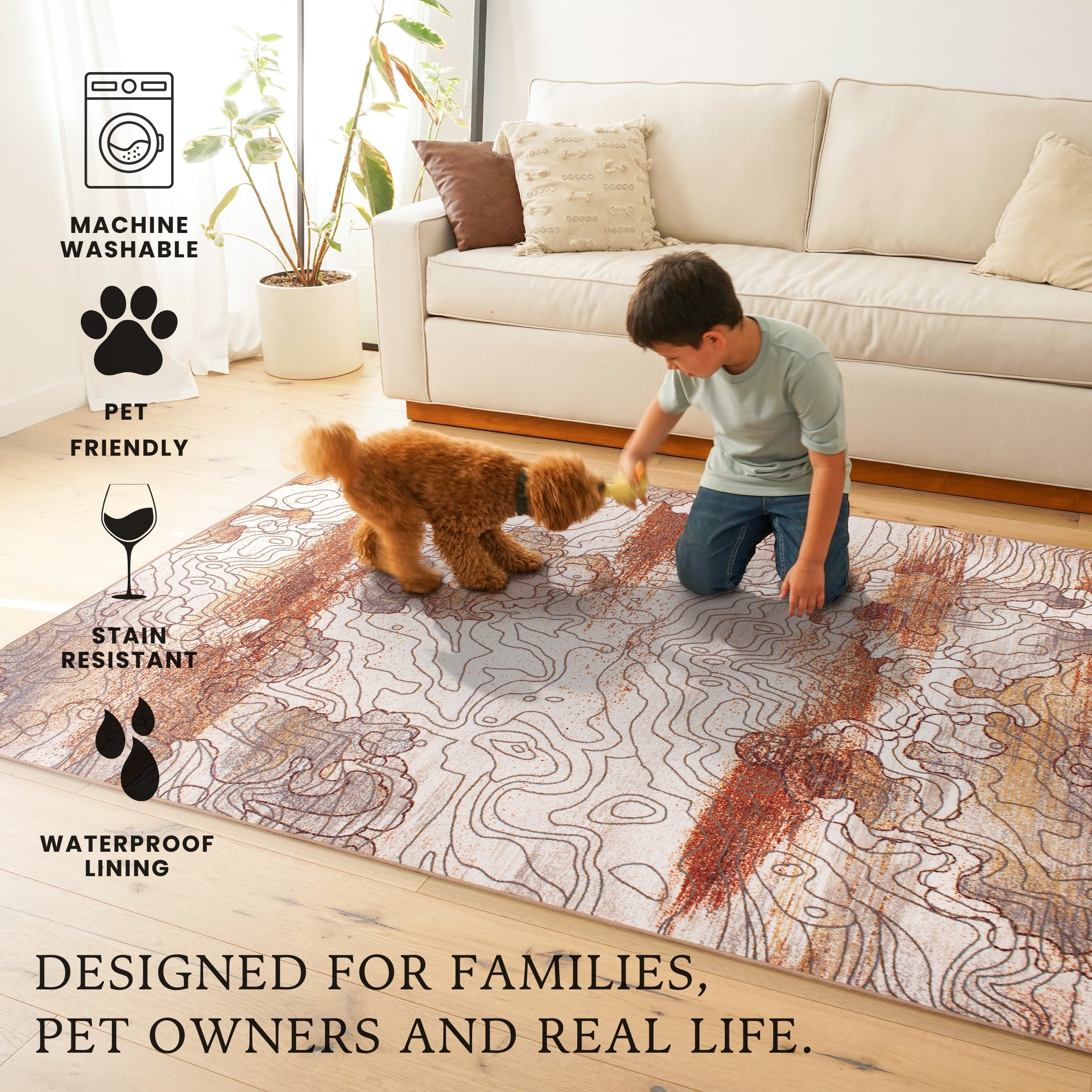 Vienna Abstract Natural Dining Room Washable Rug