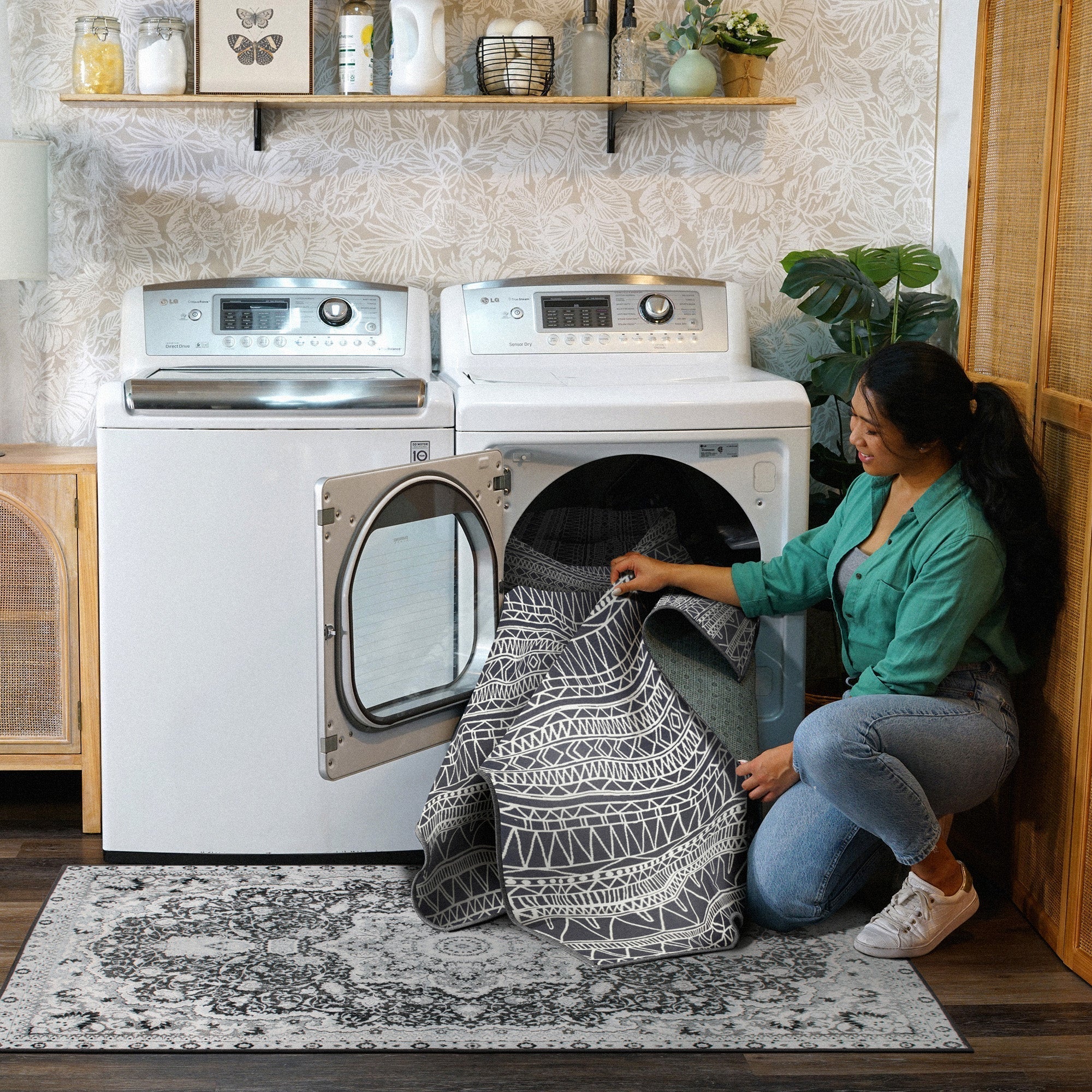 Chelsea Tribal Aztec Dark Grey Dining Room Washable Rug