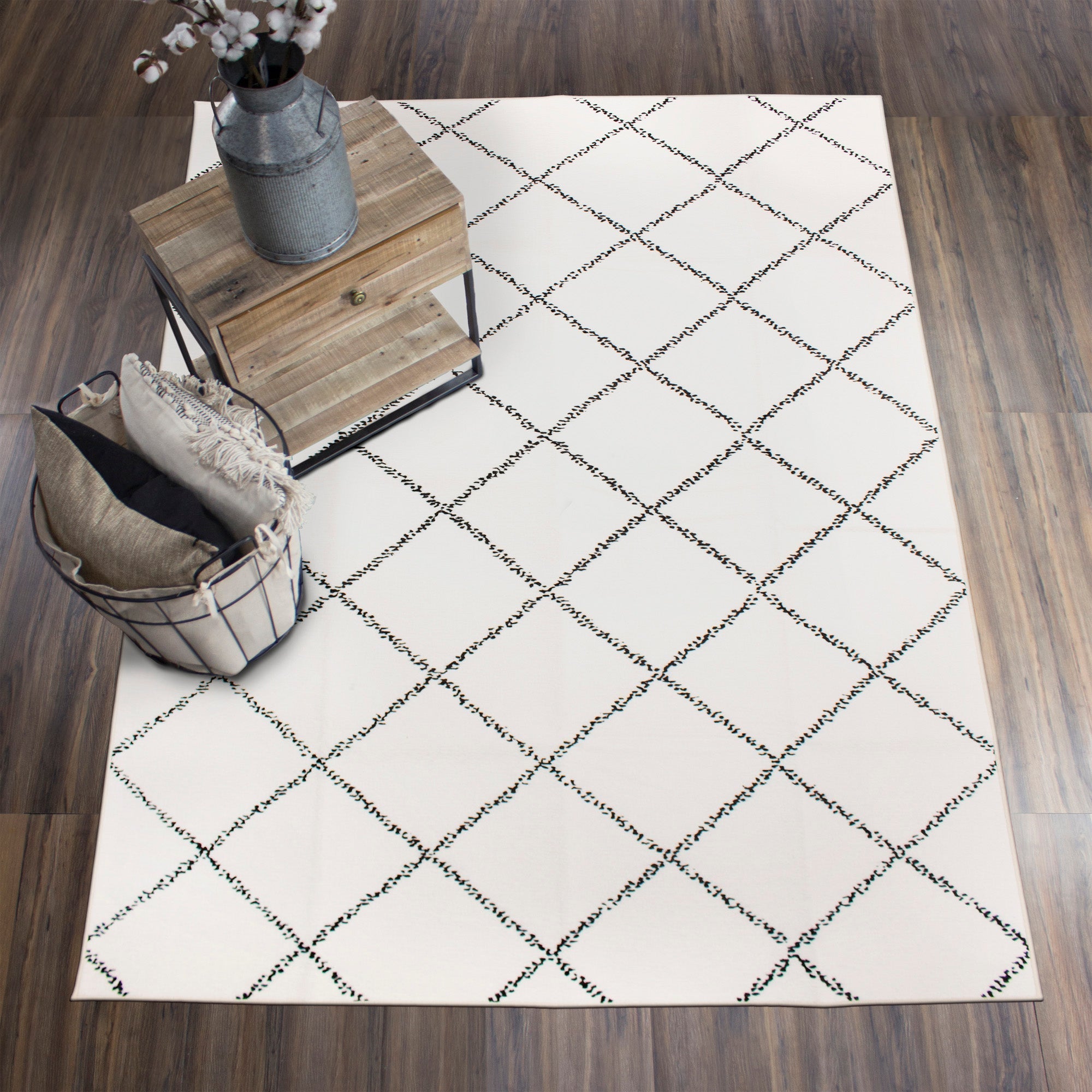 Medina Moroccan Diamond Ivory Dining Room Washable Rug