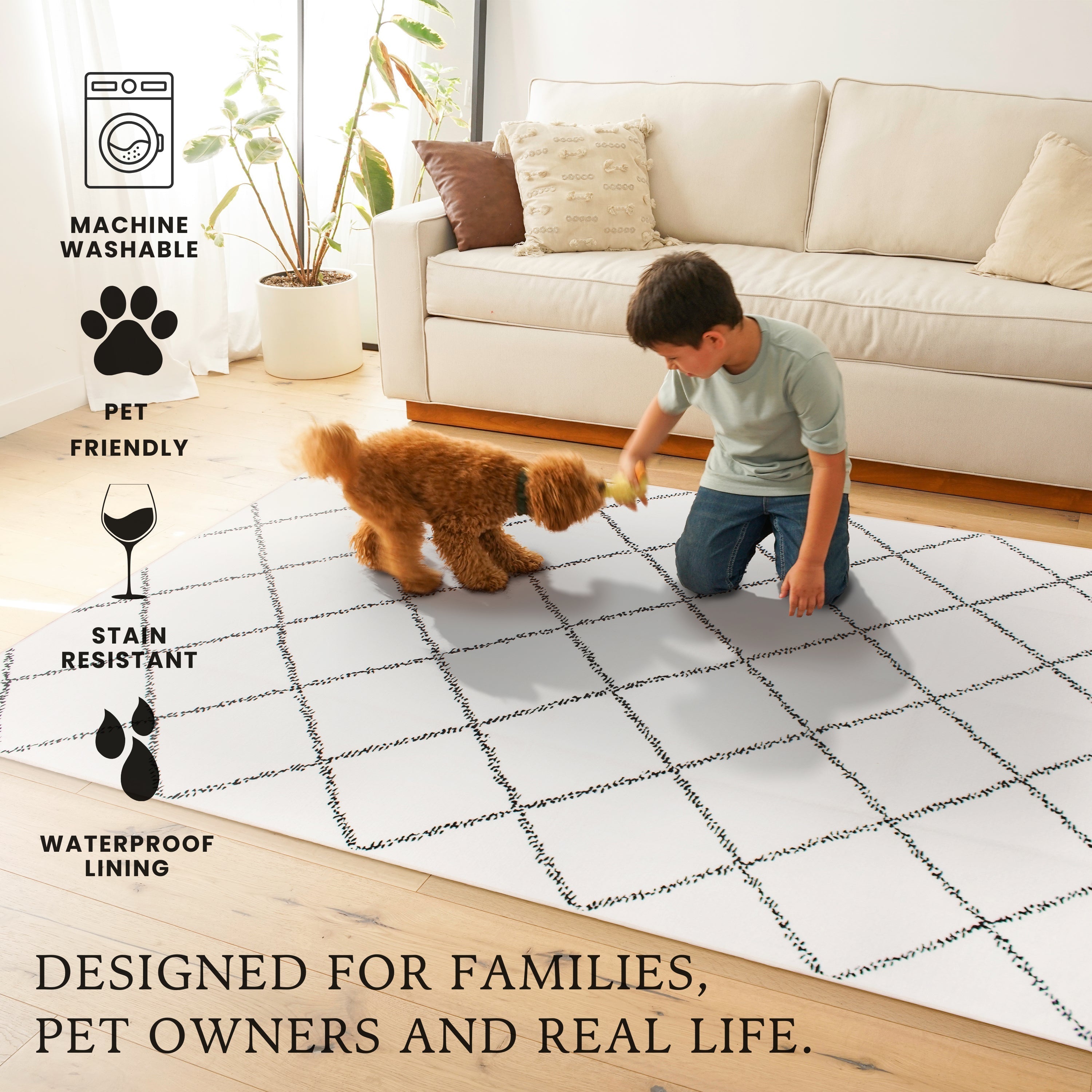 Medina Moroccan Diamond Ivory Dining Room Washable Rug