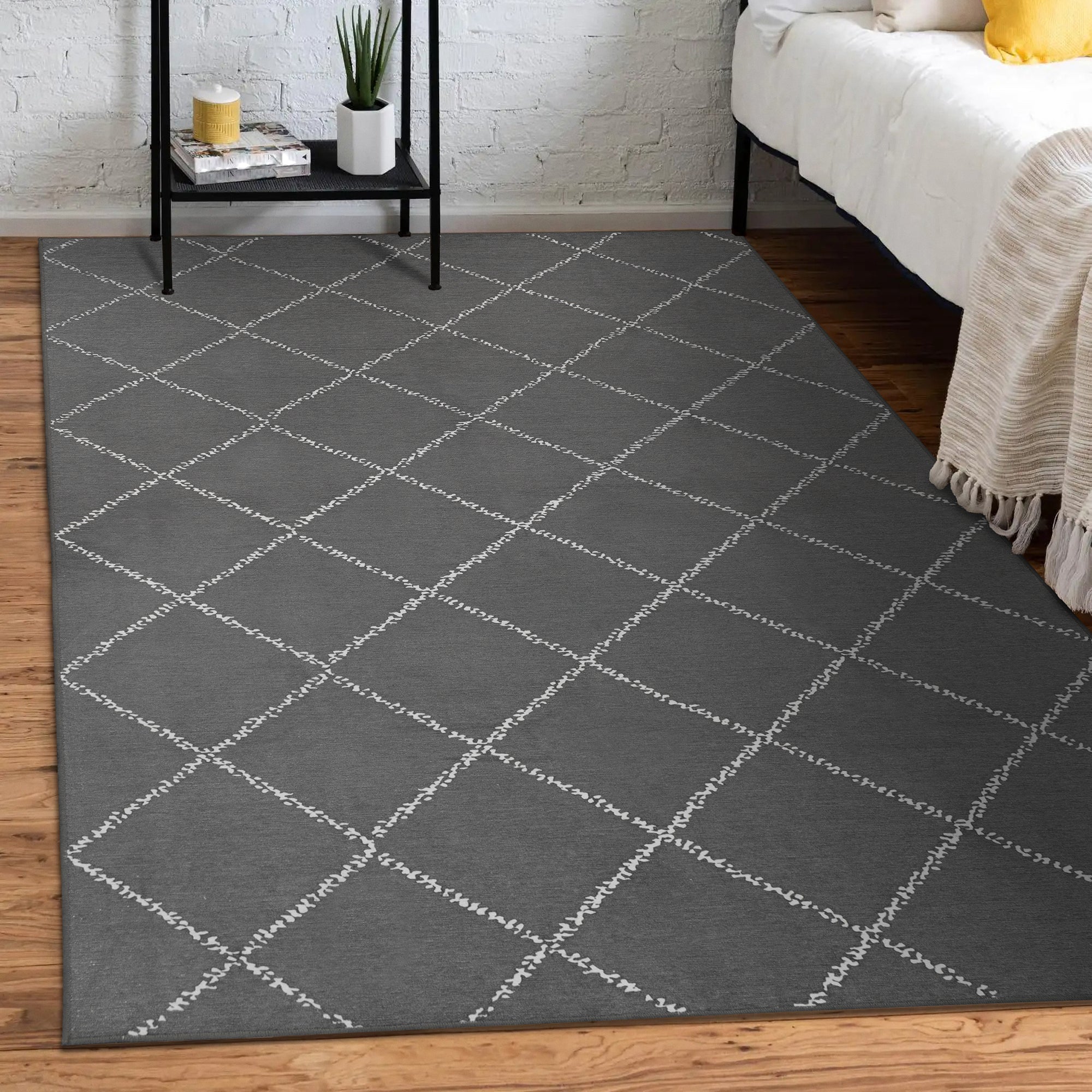 Medina Moroccan Diamond Grey Bathroom Washble Rug