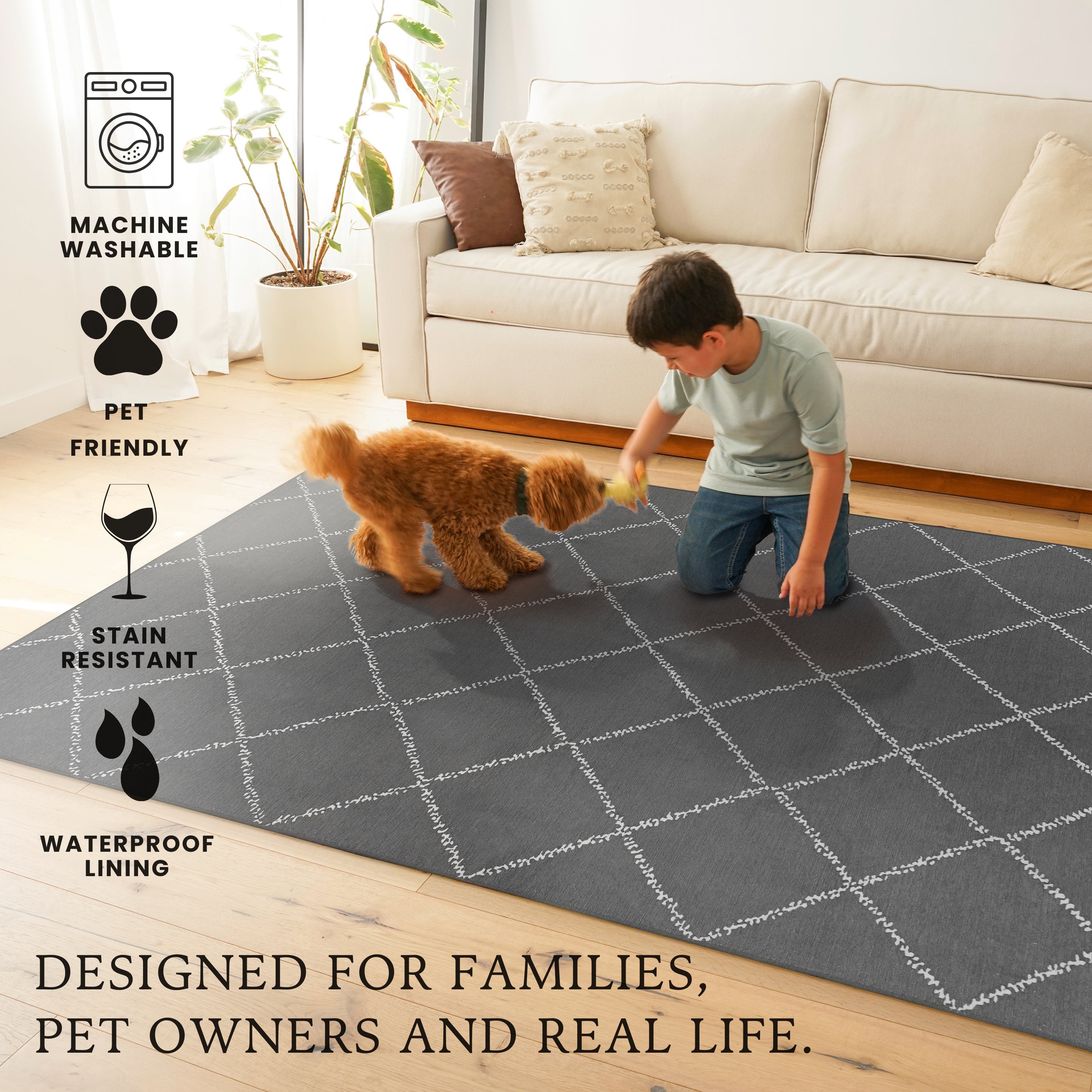 Medina Moroccan Diamond Grey Dining Room Washable Rug