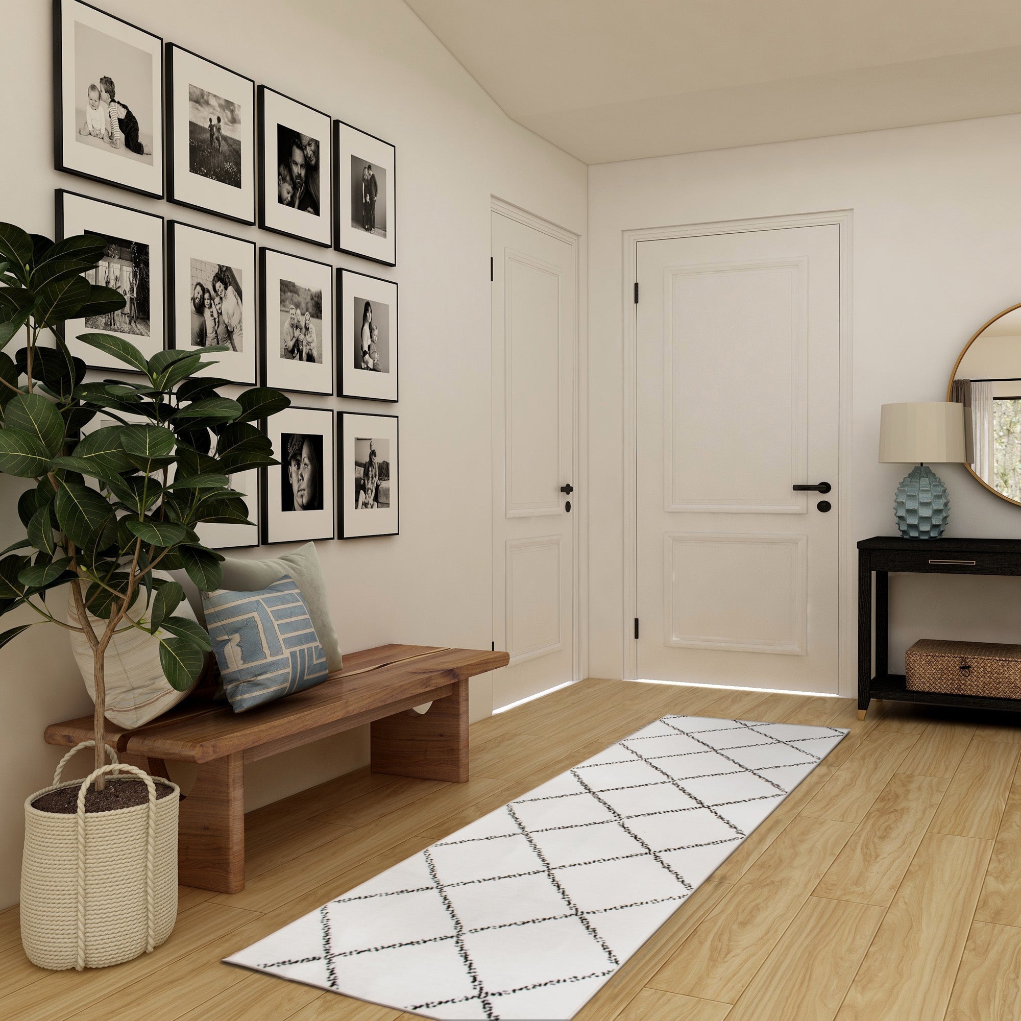 Medina Moroccan Diamond Ivory Dining Room Washable Rug