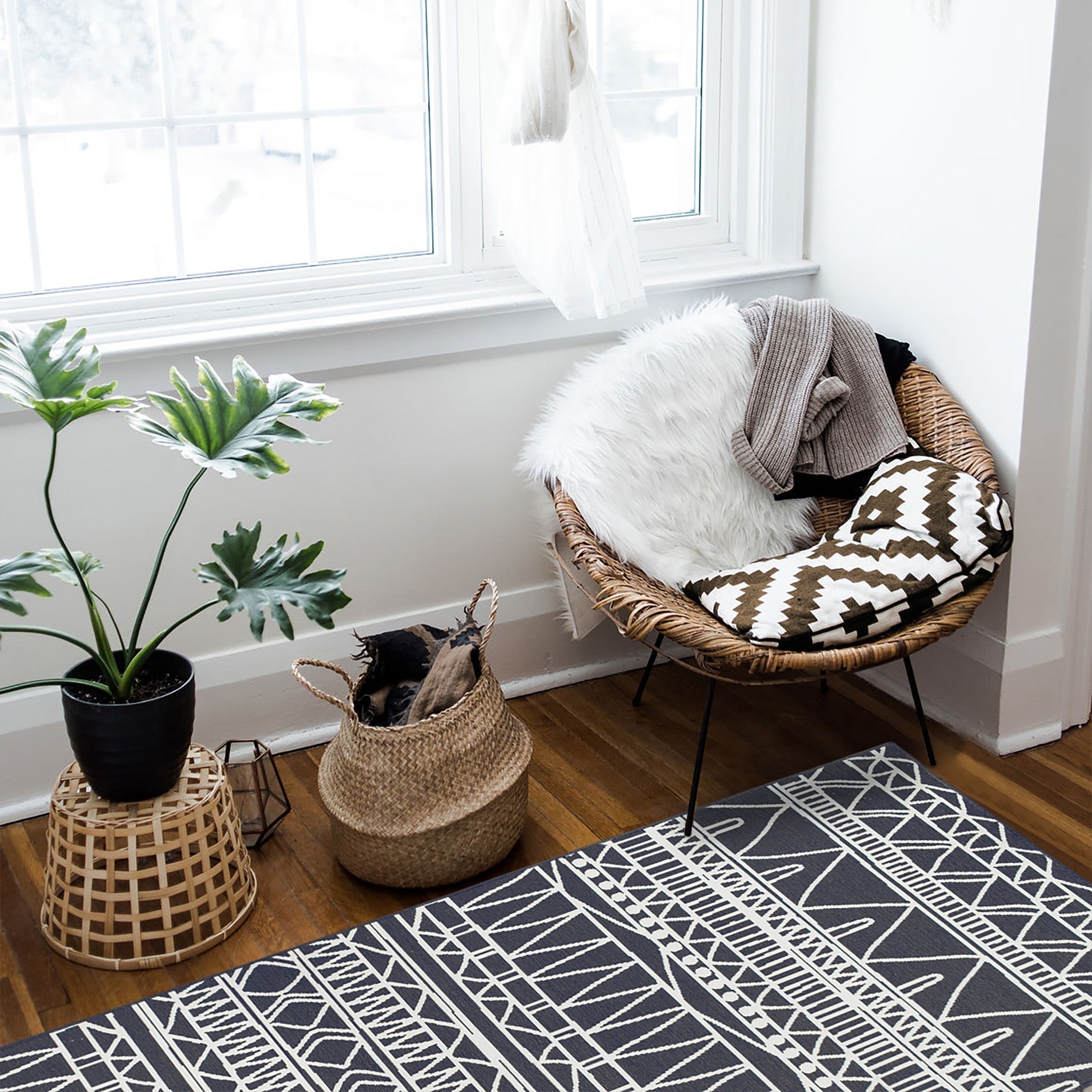 Chelsea Tribal Aztec Dark Grey Dining Room Washable Rug