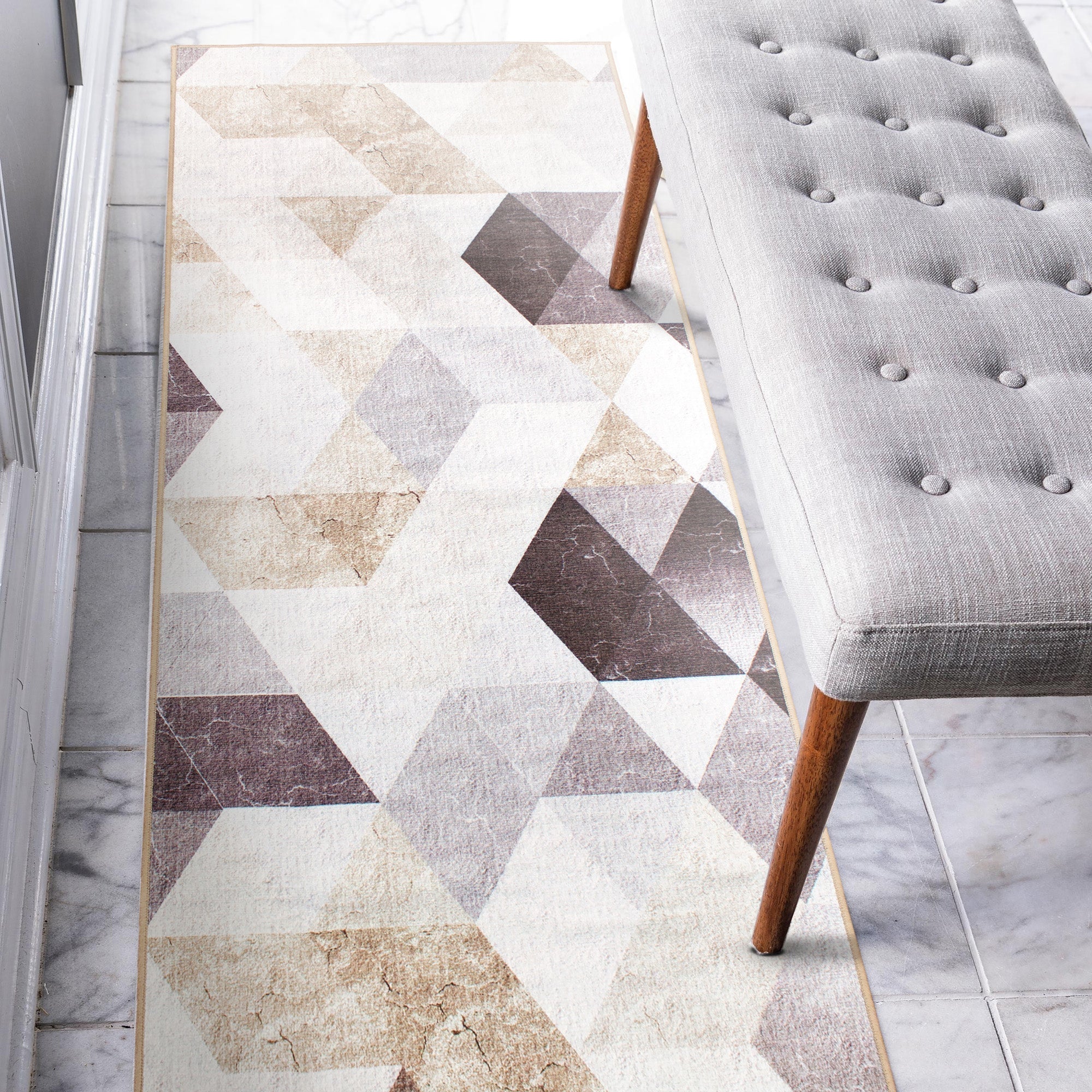 Lattice Geometric Neutral Dining Room Washable Rug