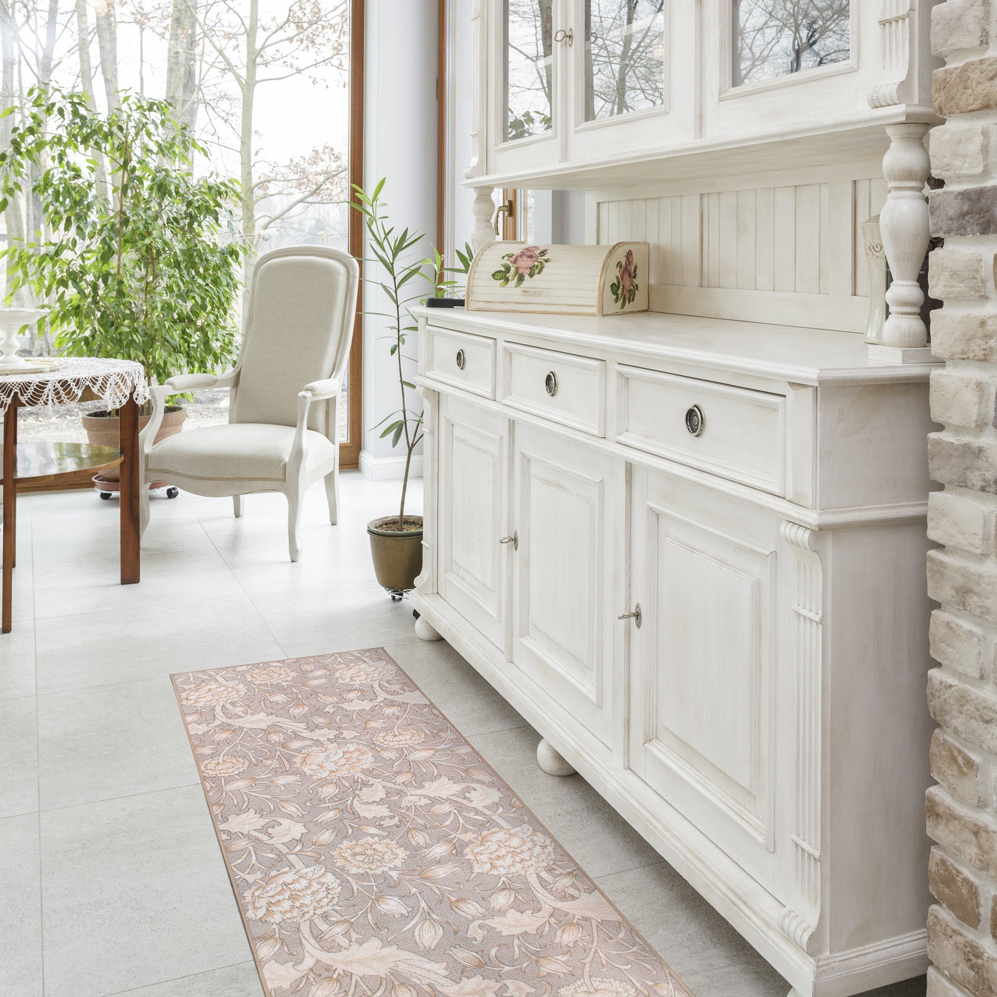 Kalini Floral Natural Dining Room Washable Rug