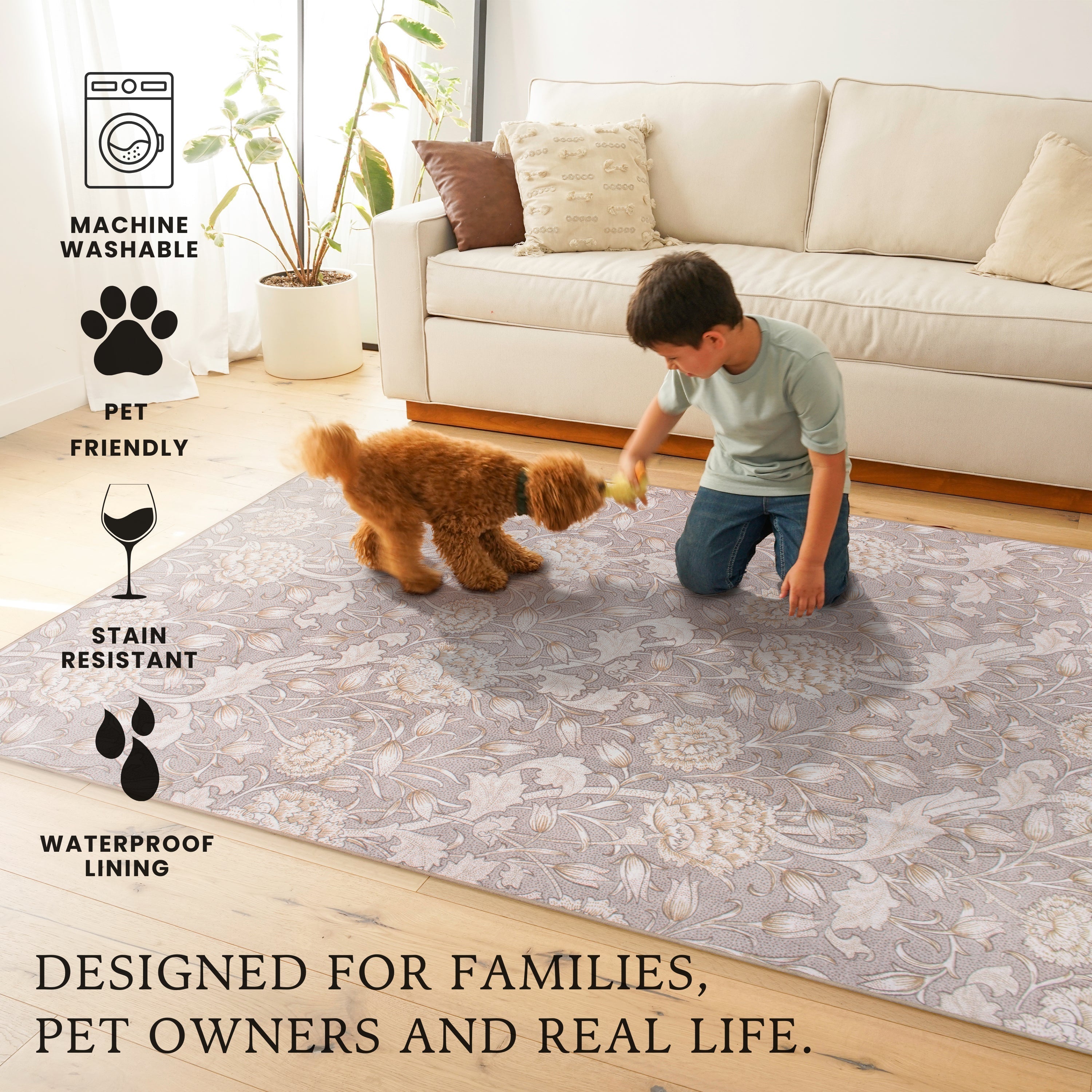 Kalini Floral Natural Dining Room Washable Rug