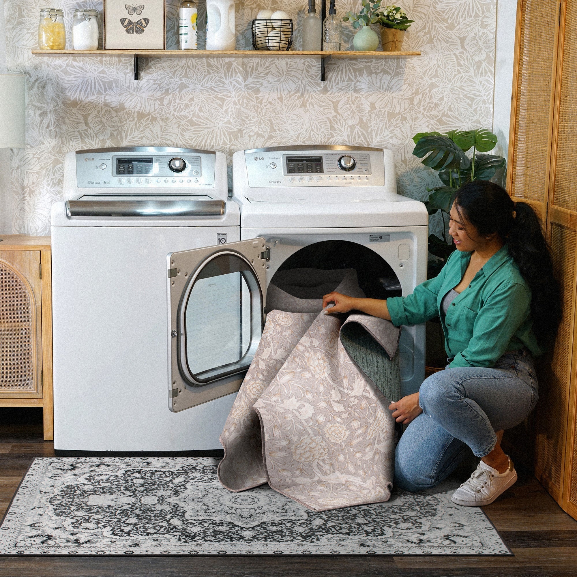 Kalini Floral Natural Dining Room Washable Rug