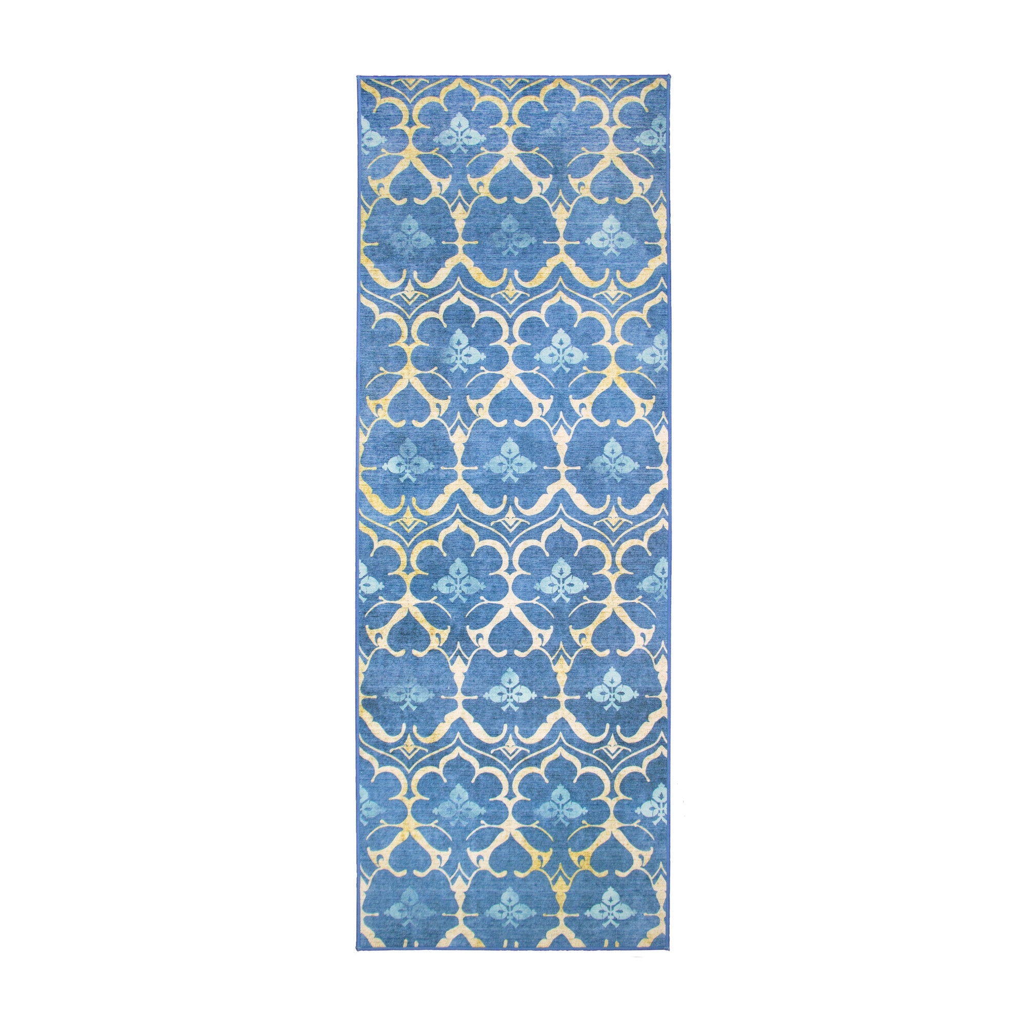 Leilani Damask Blue Kitchen Washable Rug