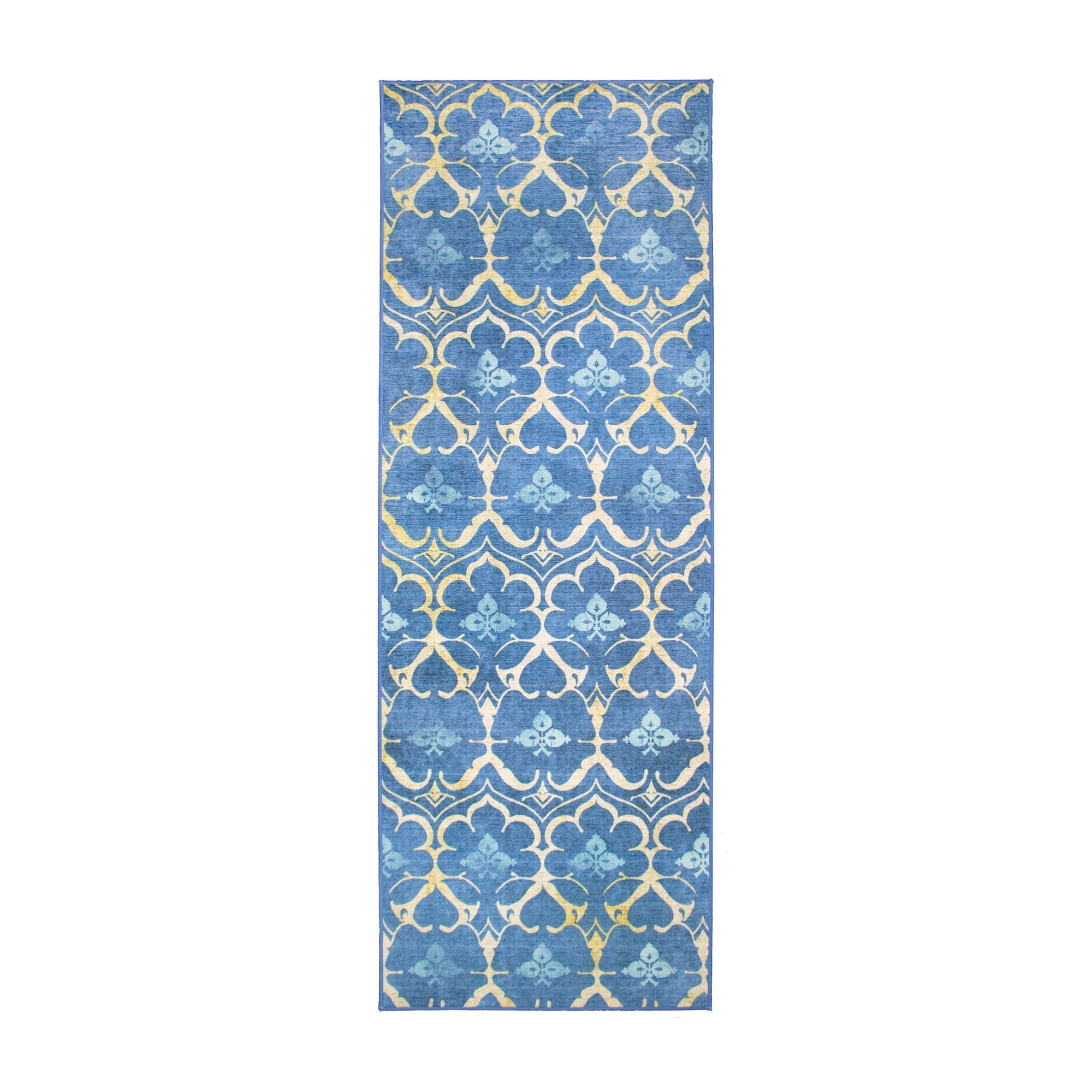 Leilani Damask Blue Dining Room Washable Rug