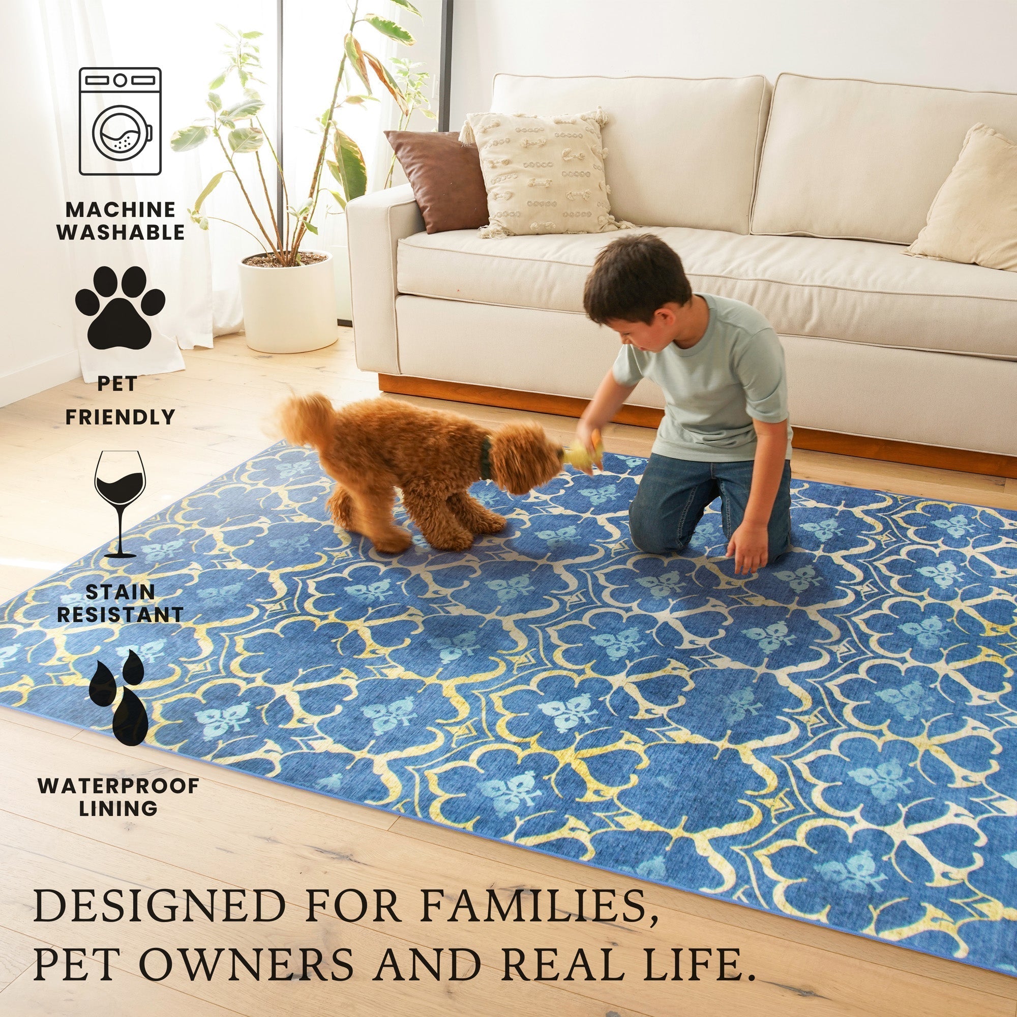Leilani Damask Blue Dining Room Washable Rug
