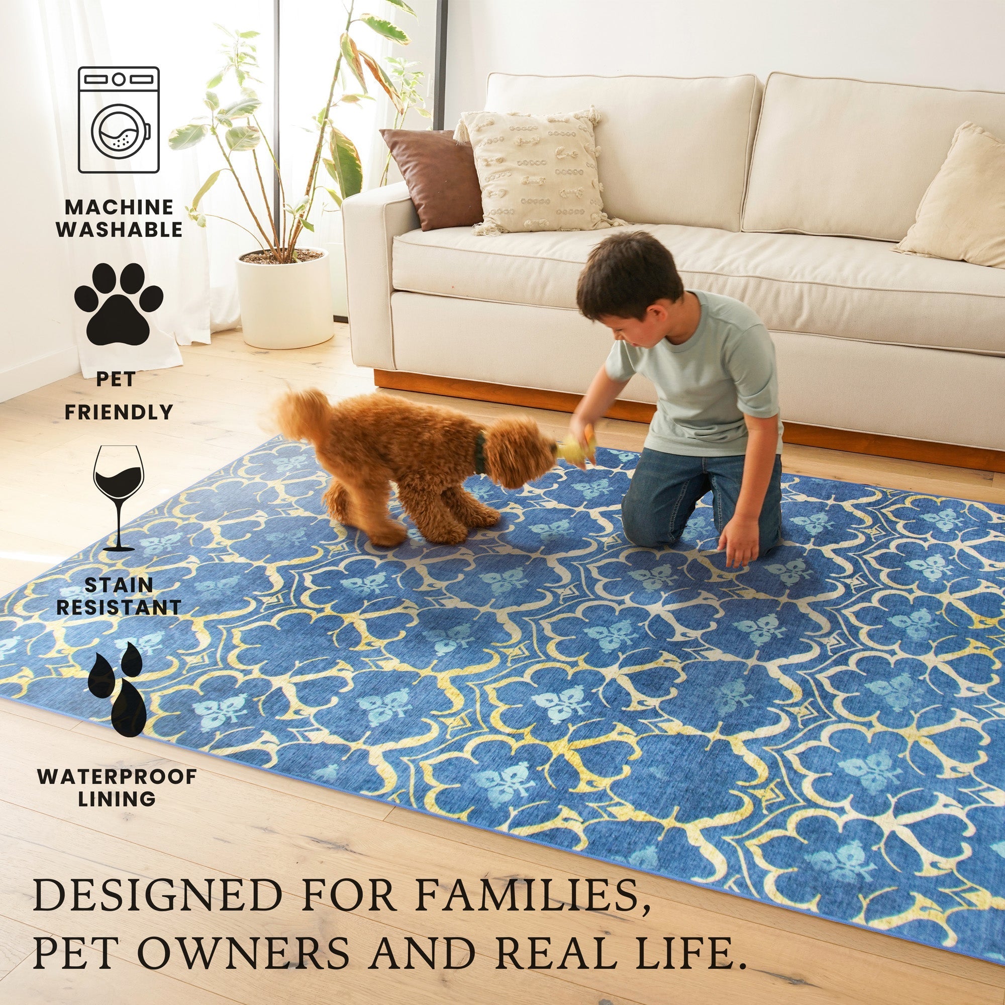 Leilani Damask Blue Washable Rug