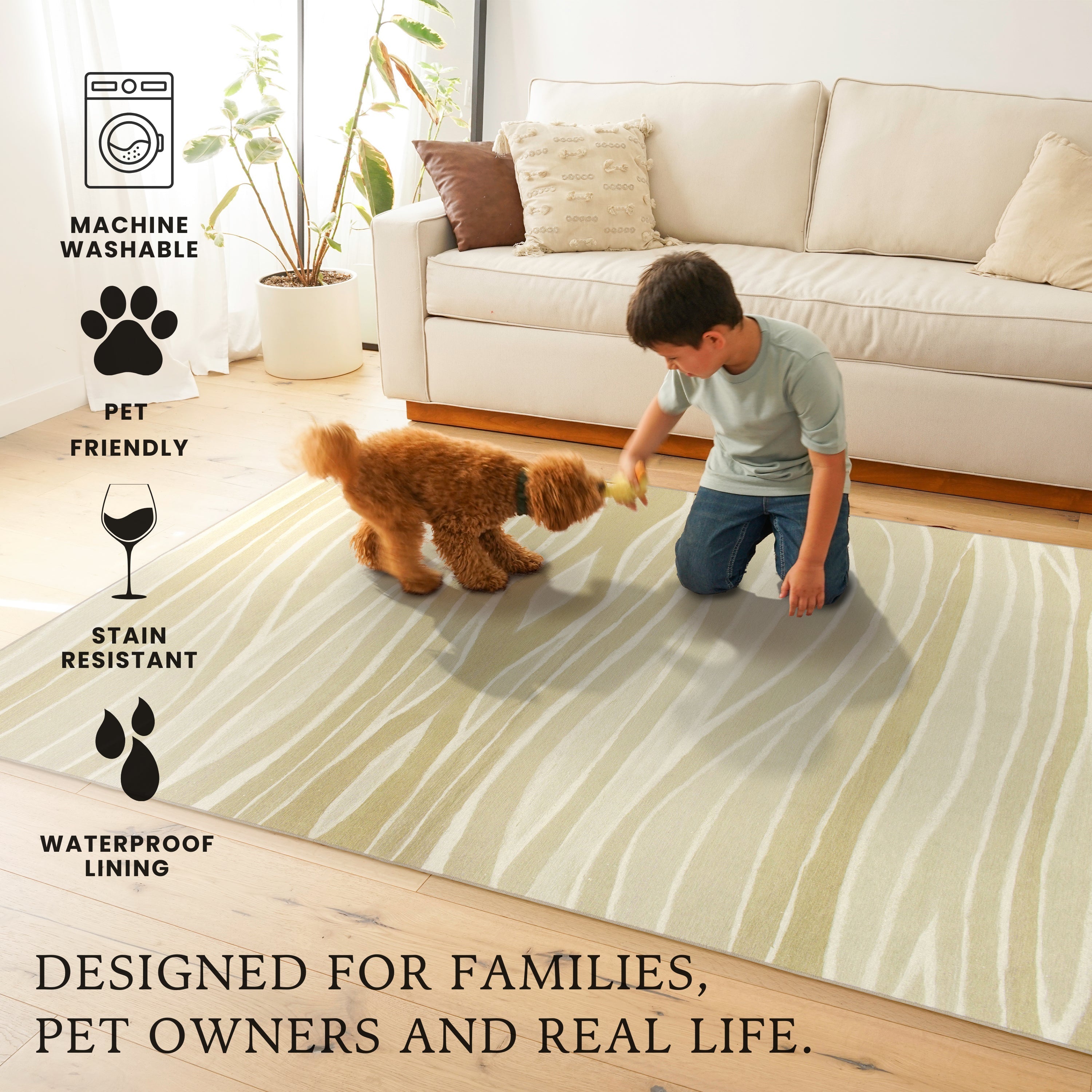 Waves Natural Bedroom Washable Rug