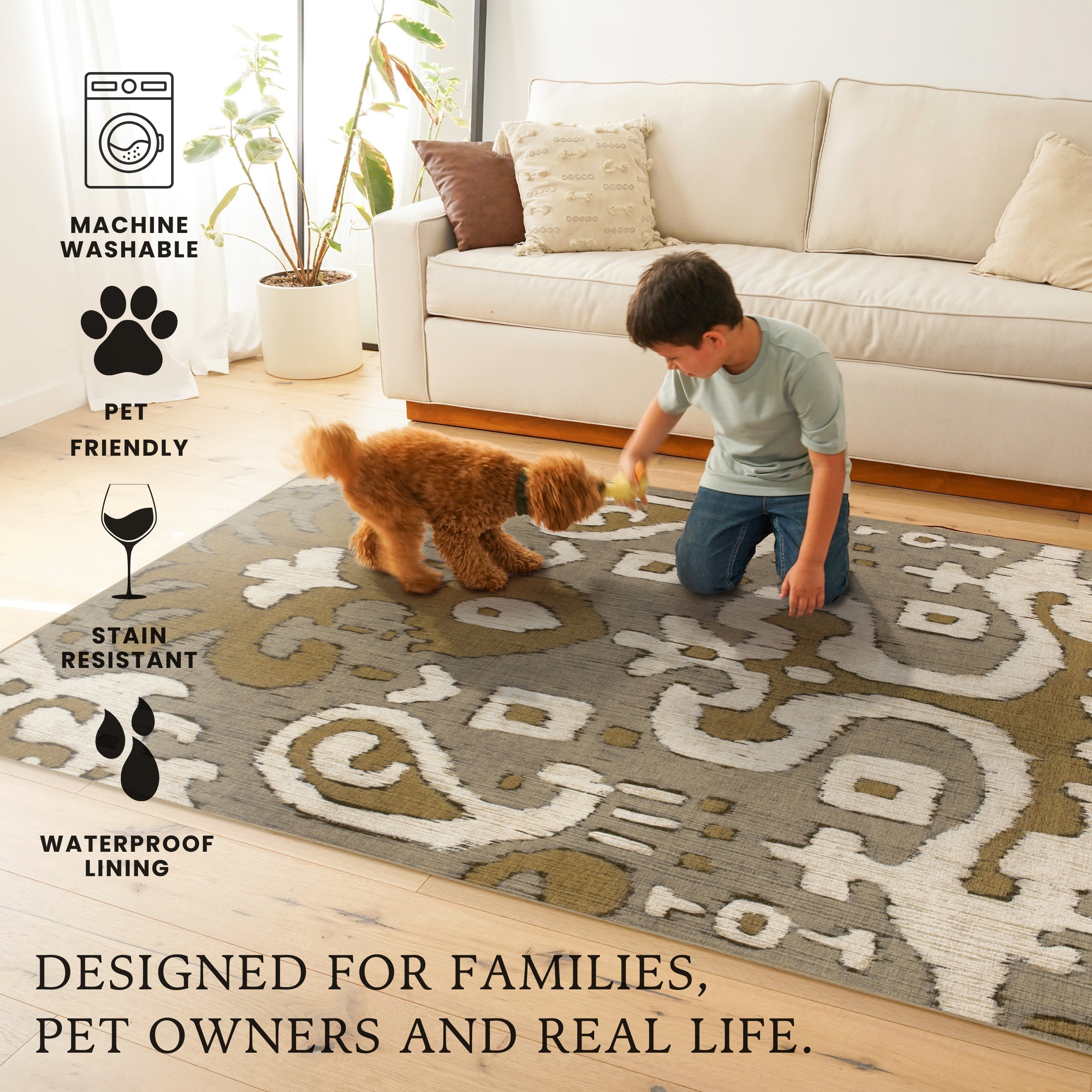 Ochre Ikat Grey Gold Washable Rug