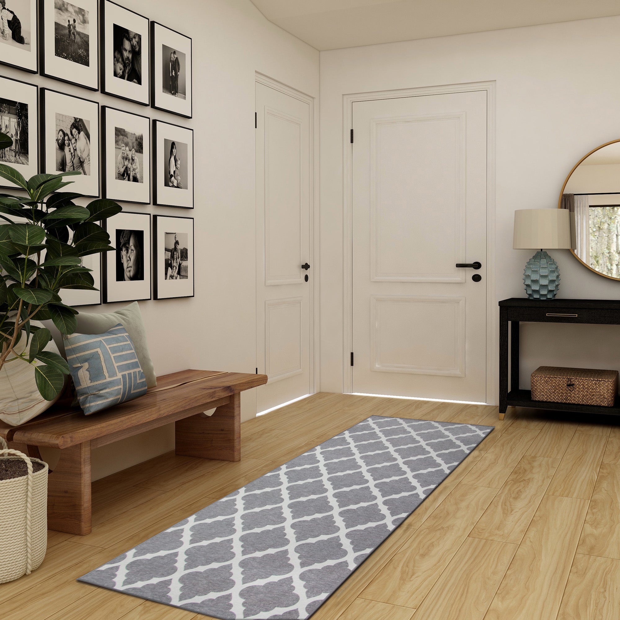 Moroccan Trellis Grey Dining Room Washable Rug