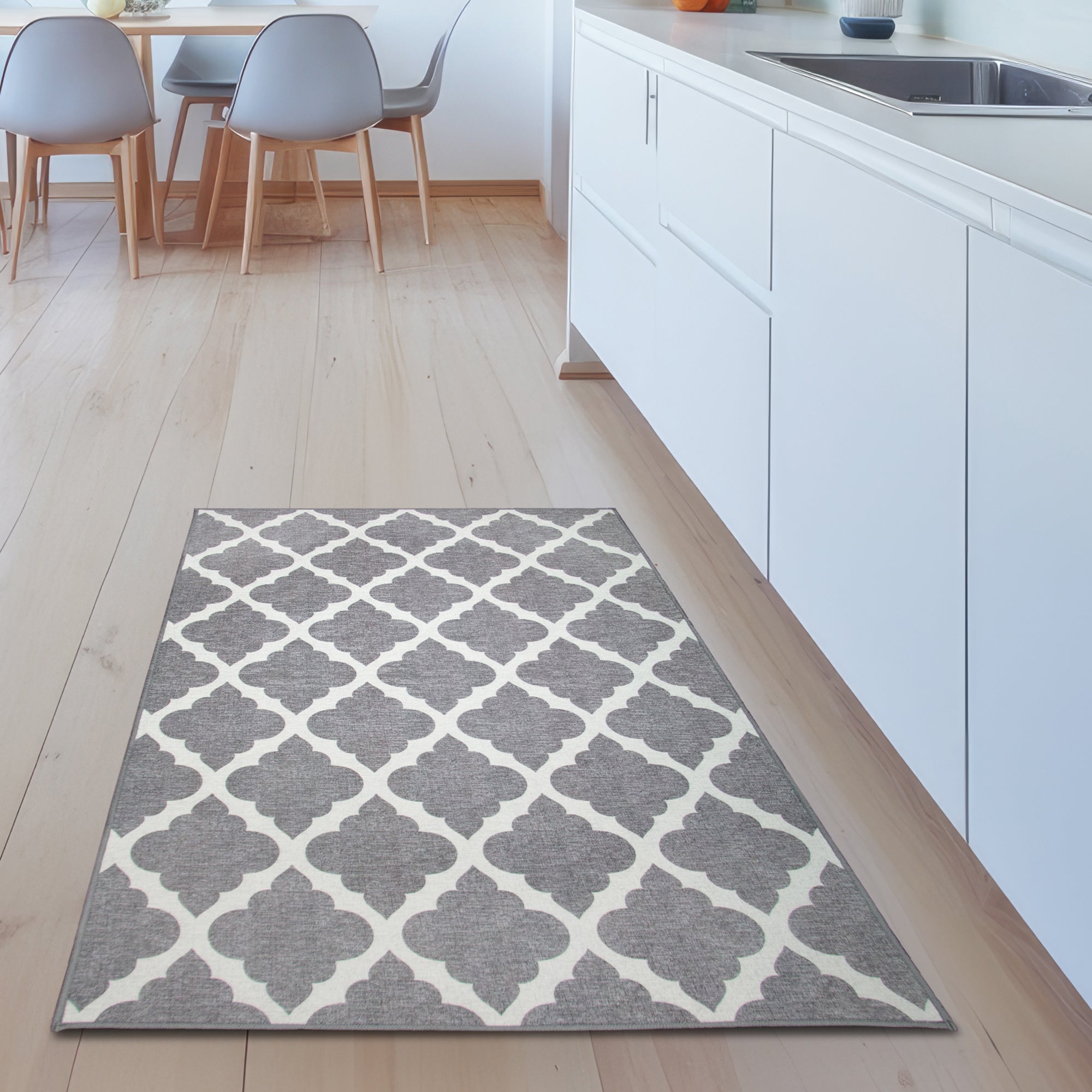 Moroccan Trellis Grey Dining Room Washable Rug