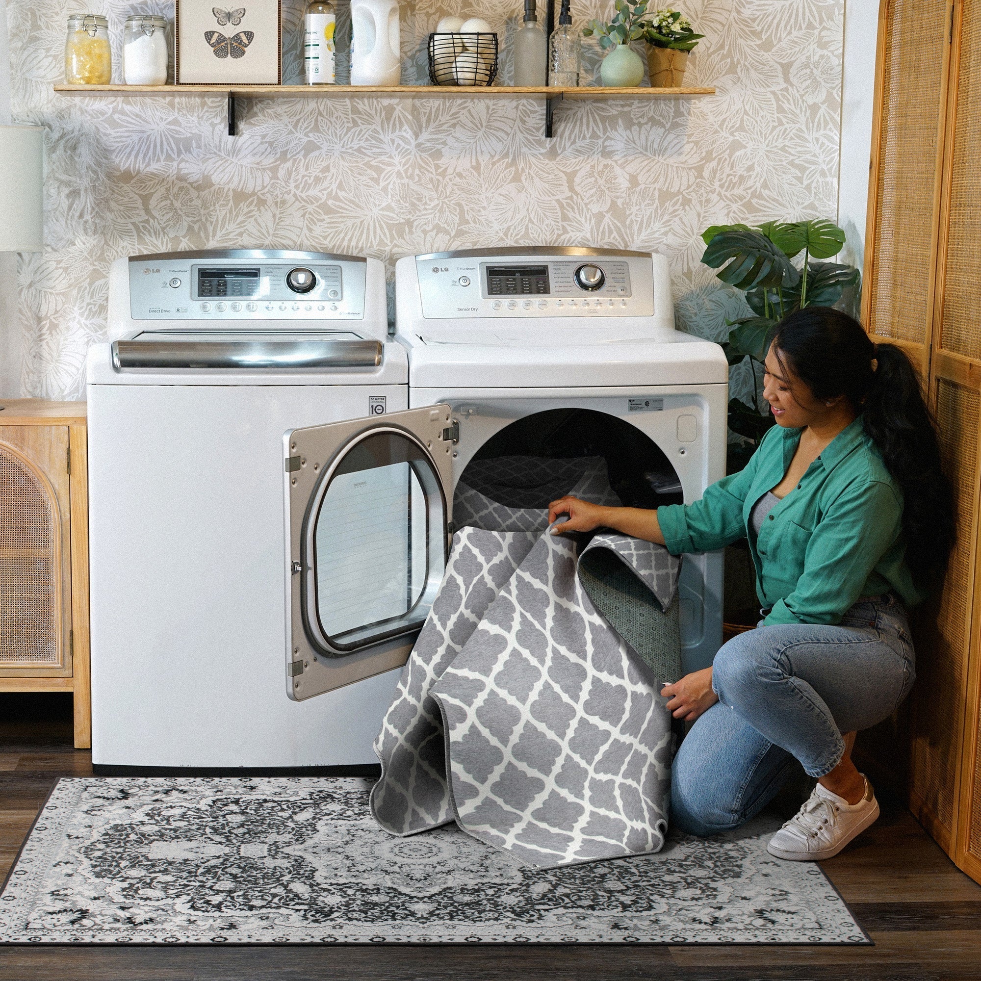 Moroccan Trellis Grey Dining Room Washable Rug