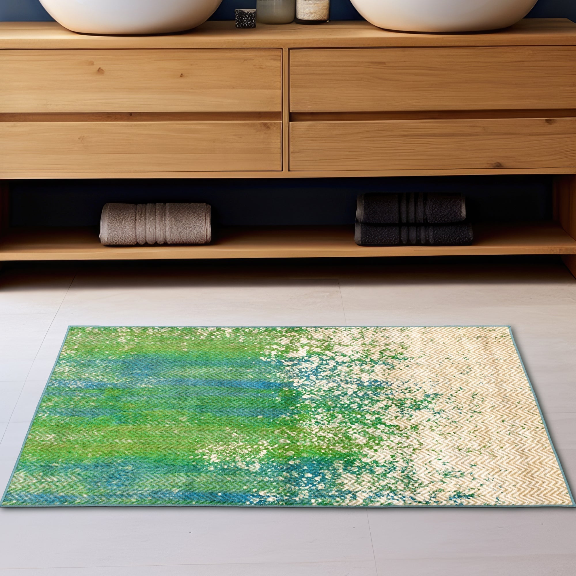 Hazel Chevron Teal Dining Room Washable Rug