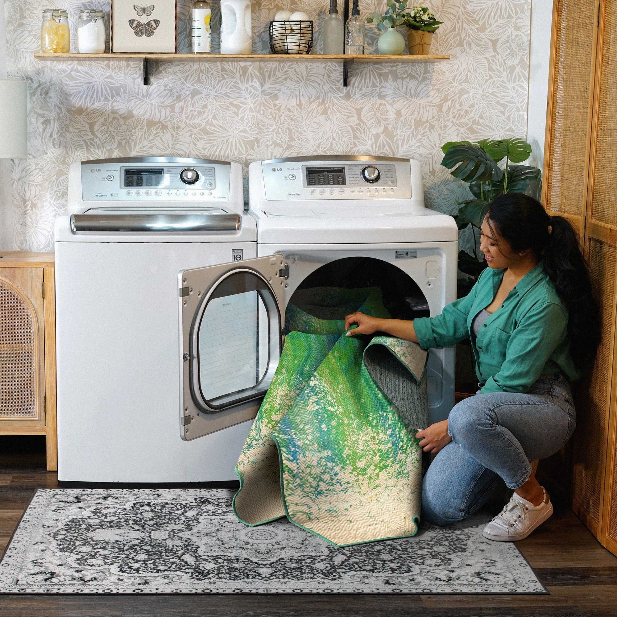 Hazel Chevron Teal Dining Room Washable Rug