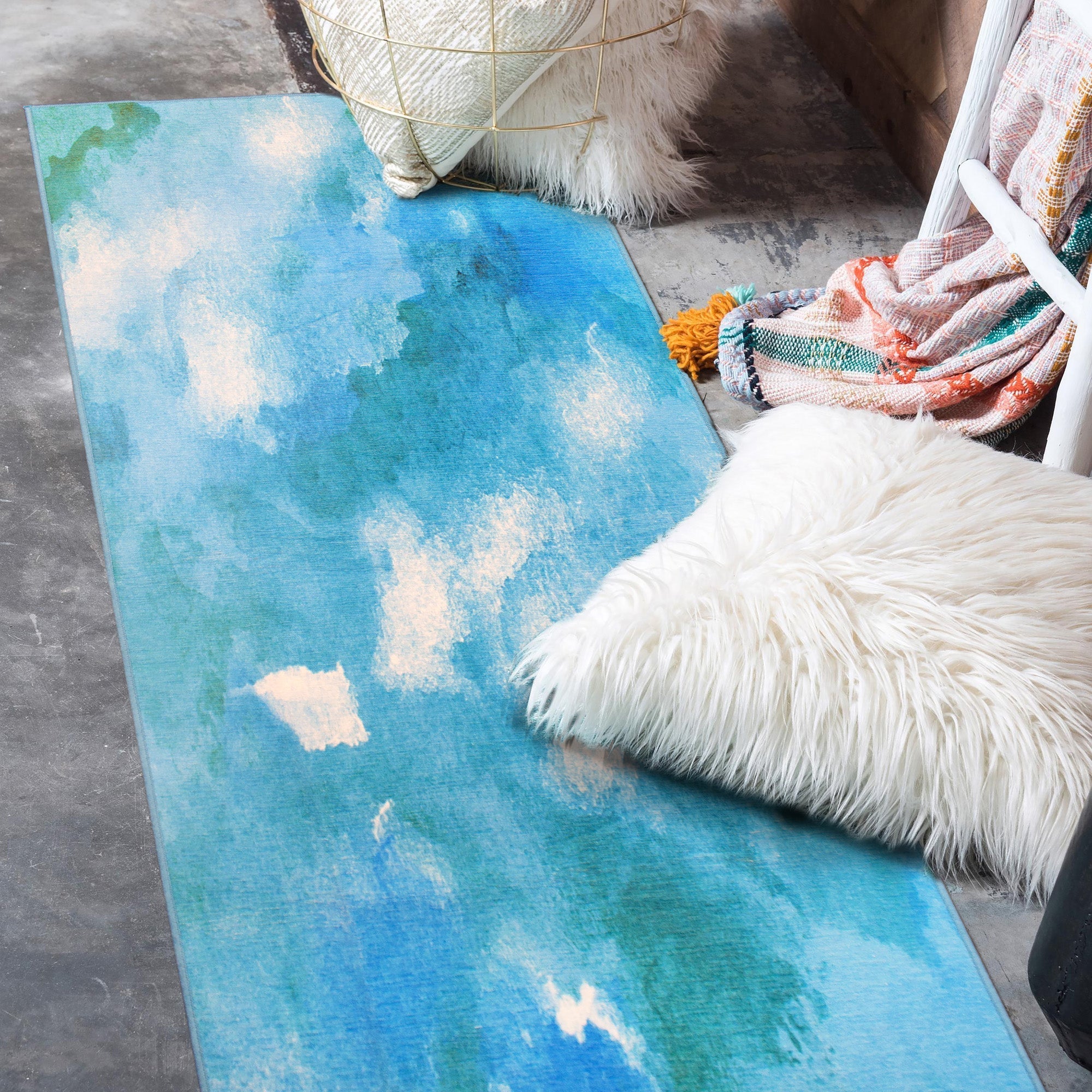 Watercolor Aqua Dining Room Washable Rug