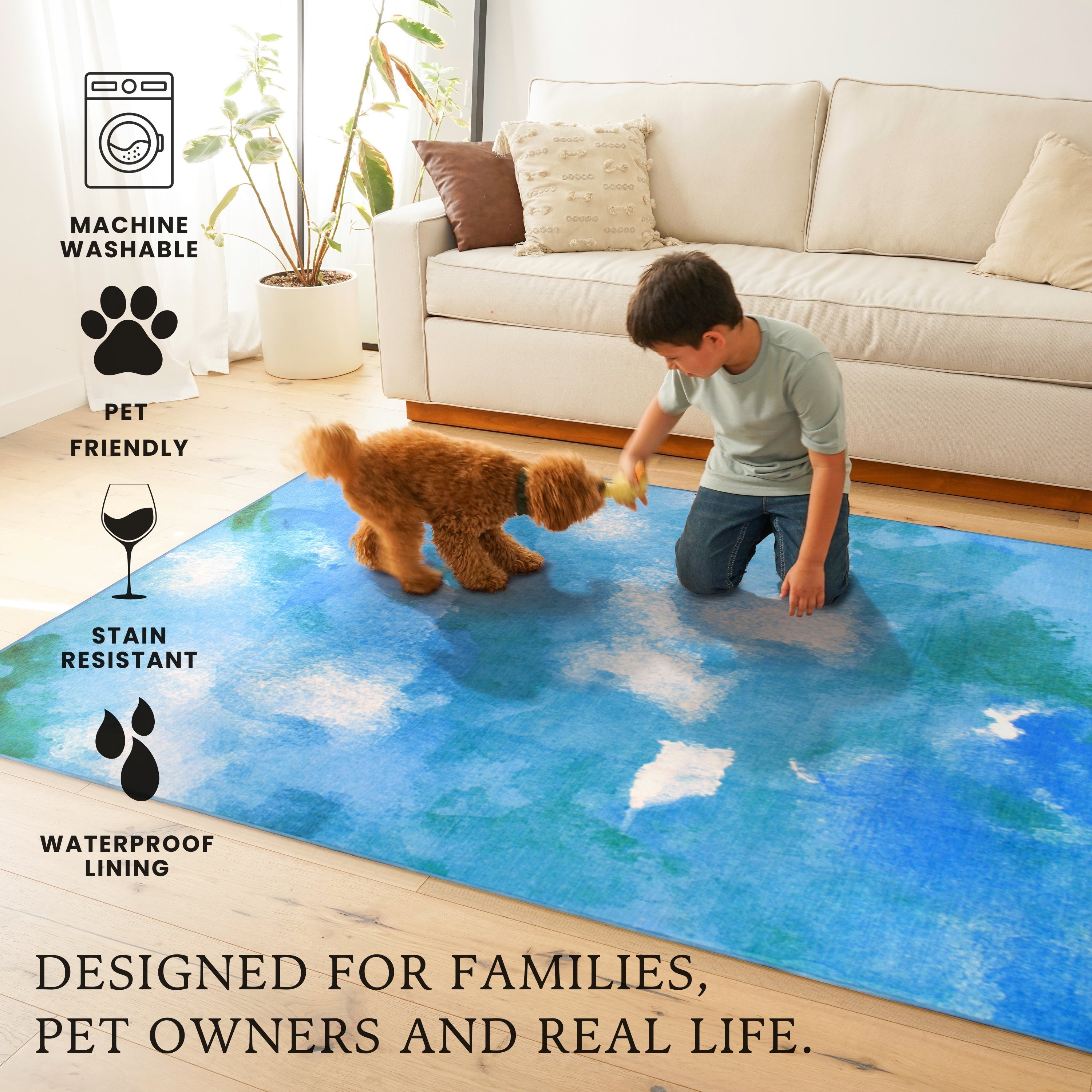 Watercolor Aqua Dining Room Washable Rug