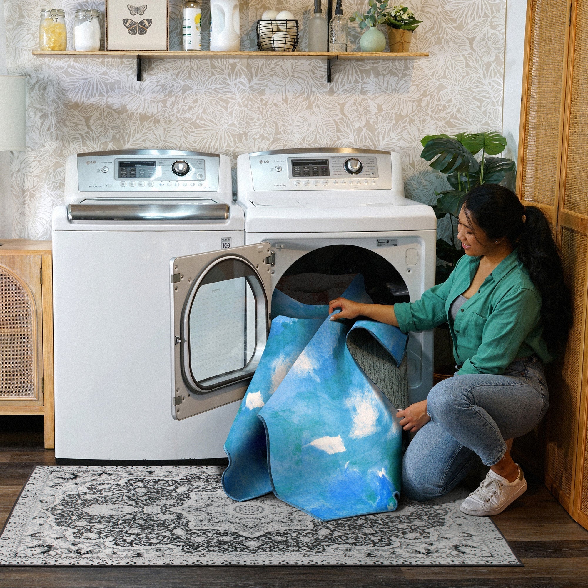Watercolor Aqua Dining Room Washable Rug