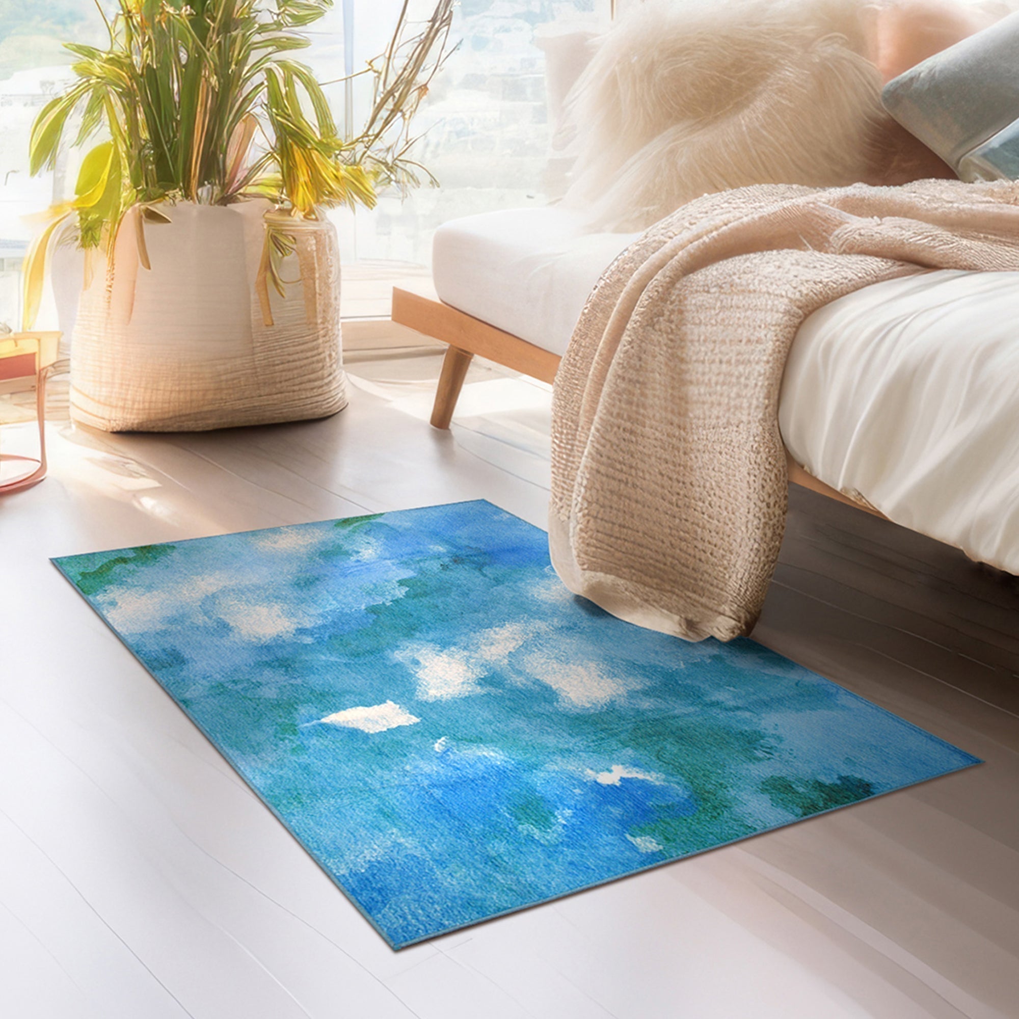 Watercolor Aqua Dining Room Washable Rug