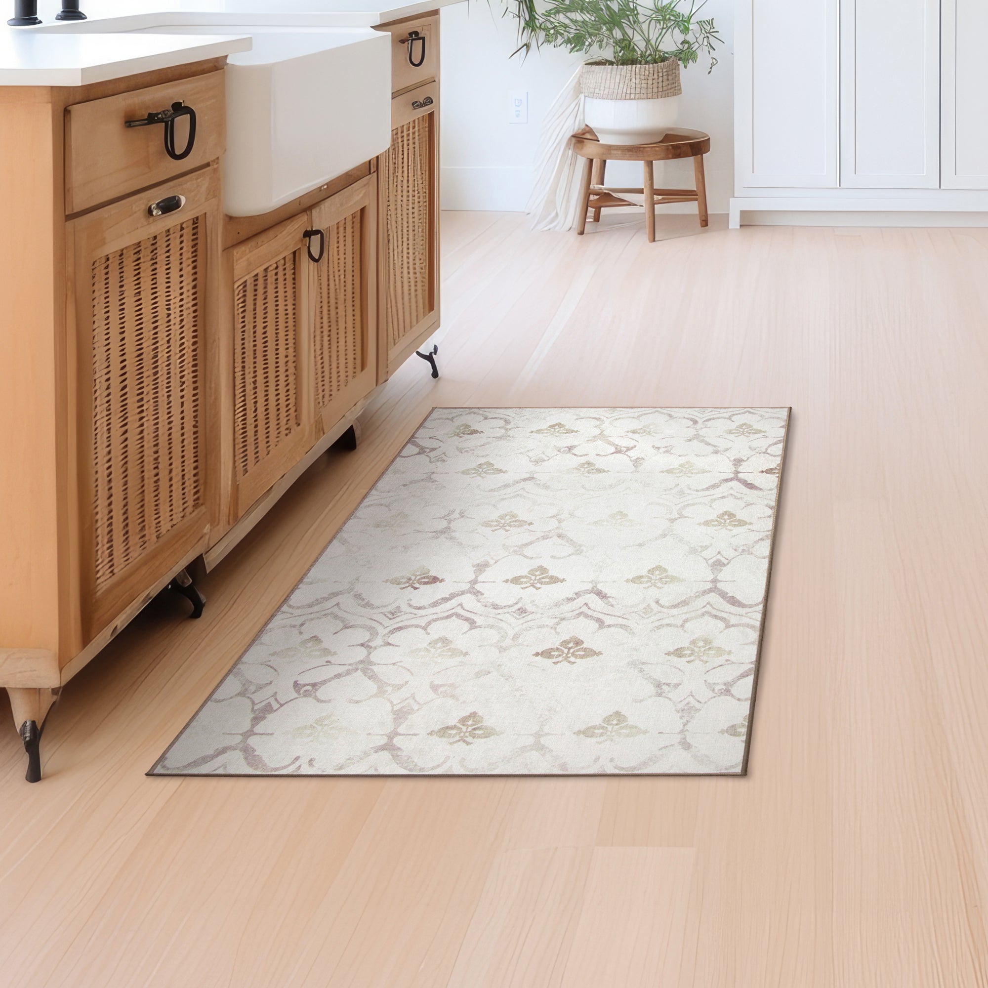Leilani Damask Ivory Dining Room Washable Rug