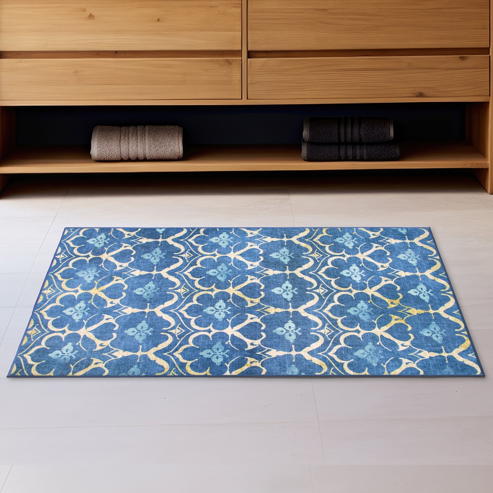 Leilani Damask Blue Dining Room Washable Rug