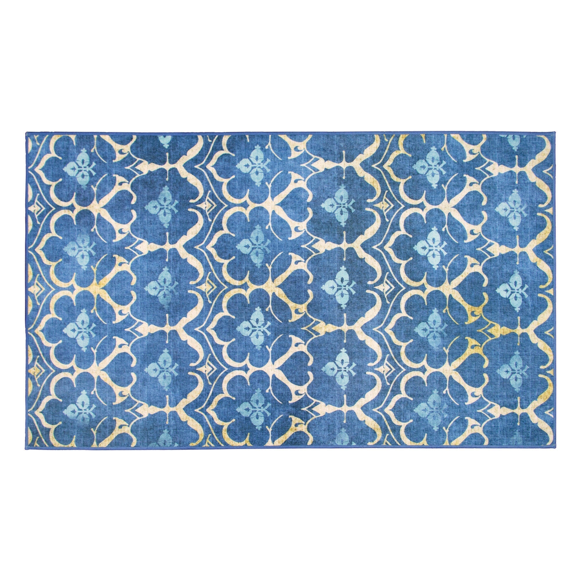 Leilani Damask Blue Dining Room Washable Rug