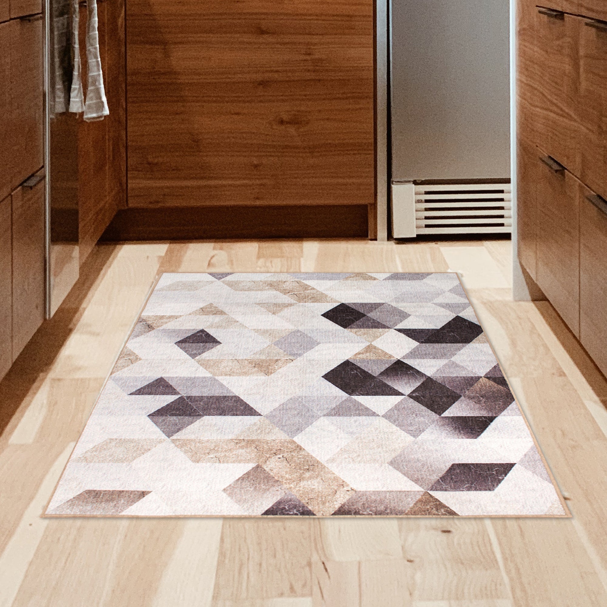 Lattice Geometric Neutral Dining Room Washable Rug