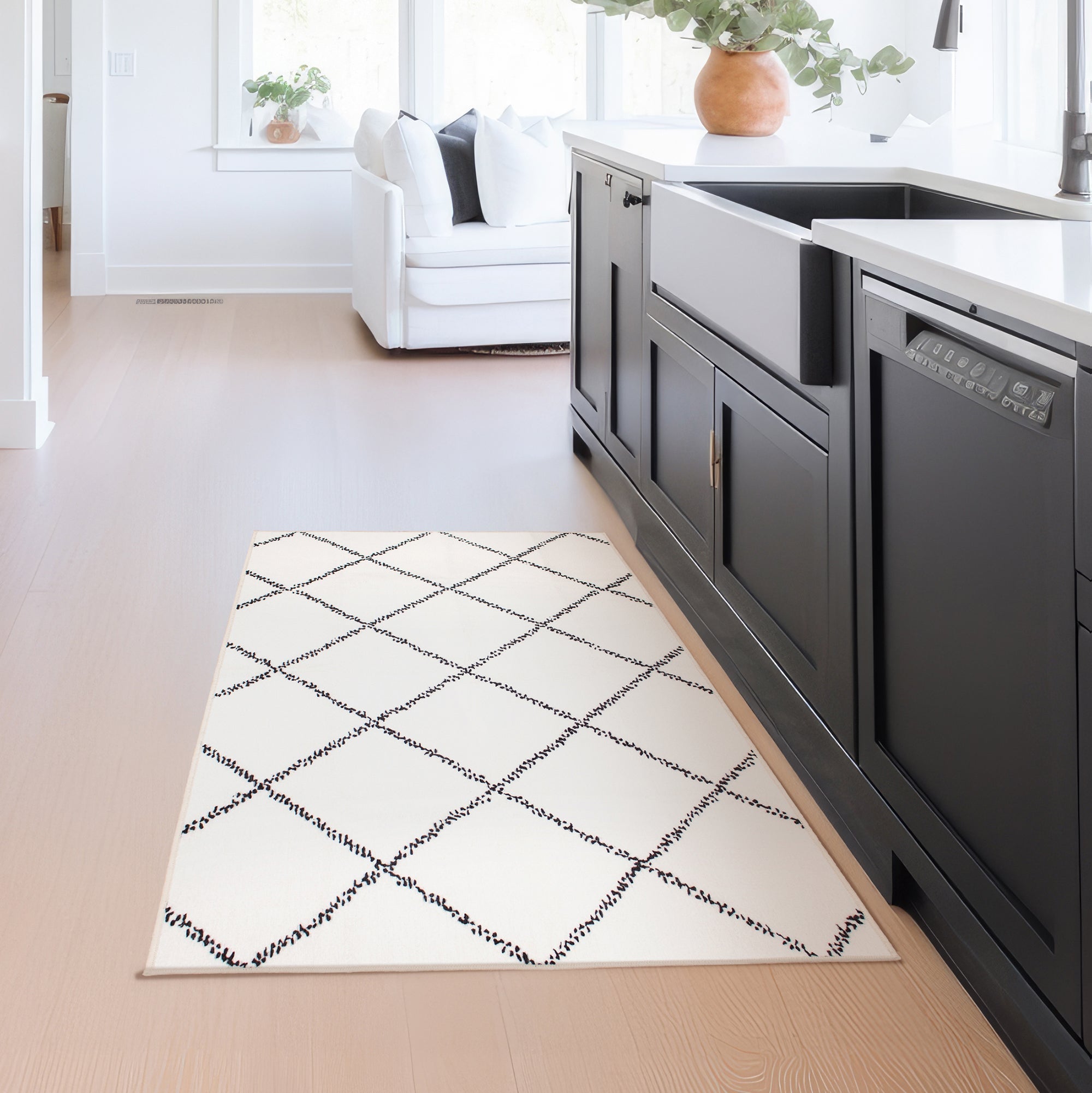 Medina Moroccan Diamond Ivory Dining Room Washable Rug