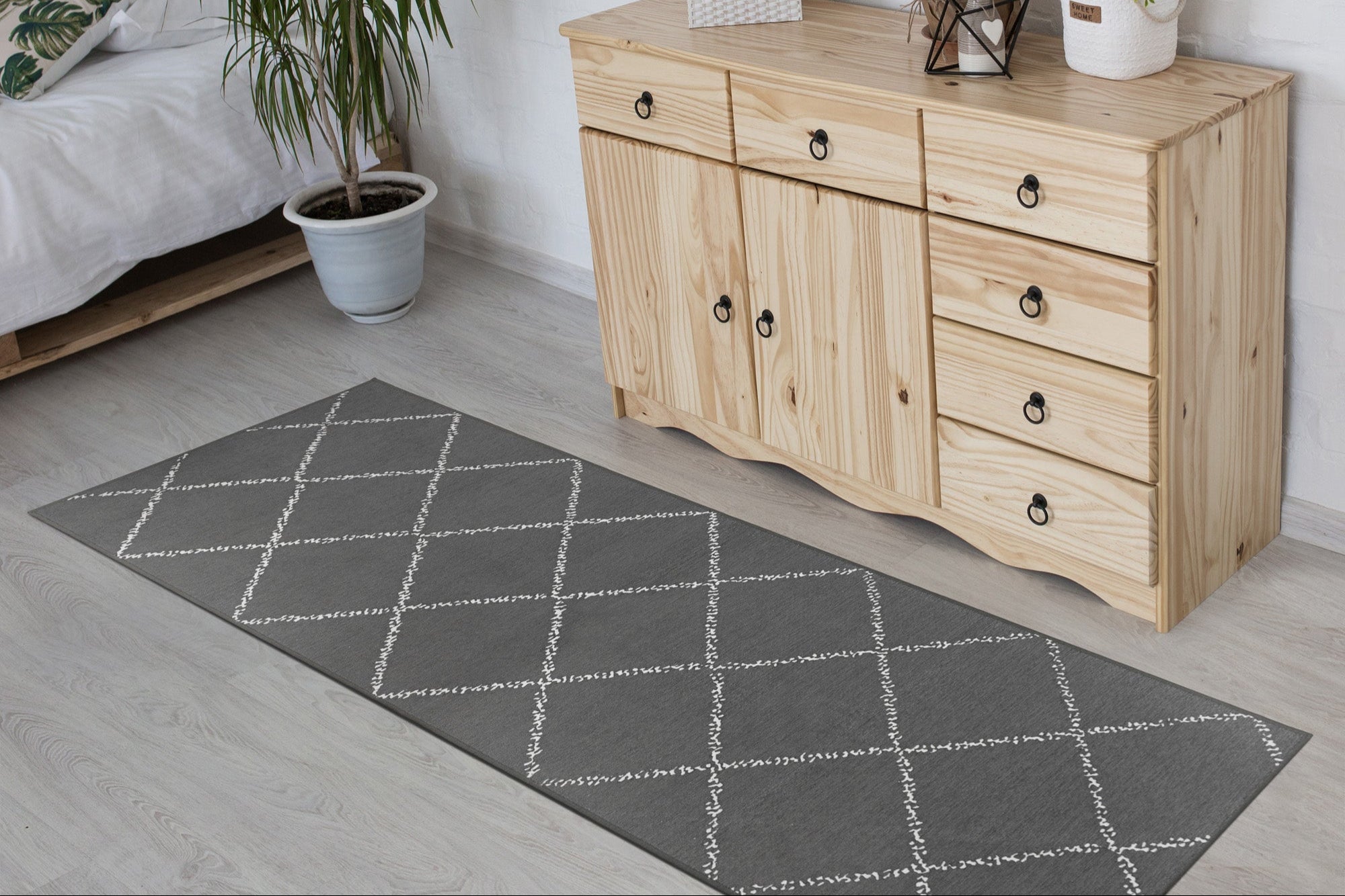 Medina Moroccan Diamond Grey Dining Room Washable Rug