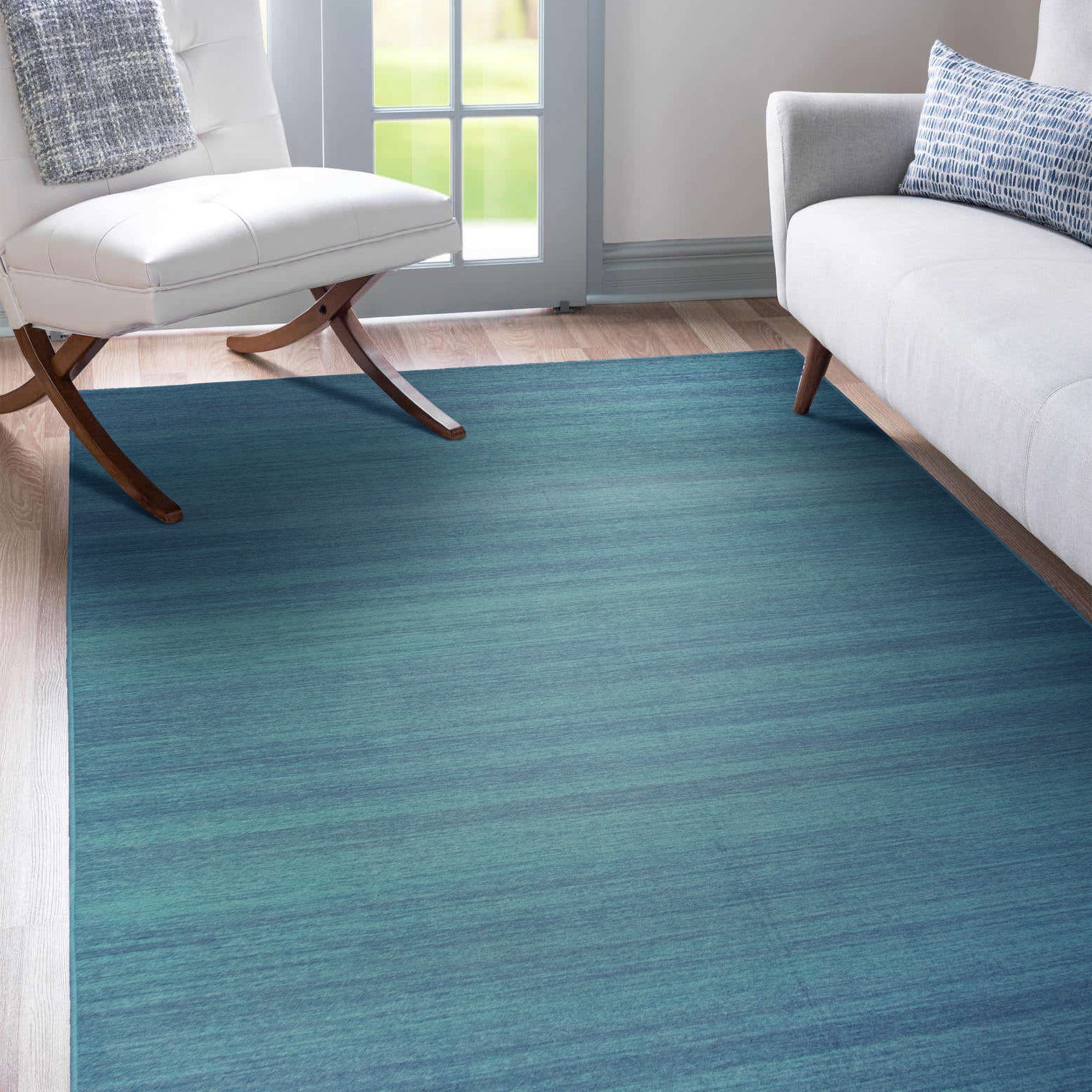 Solid Blue Dining Room Washable Rug