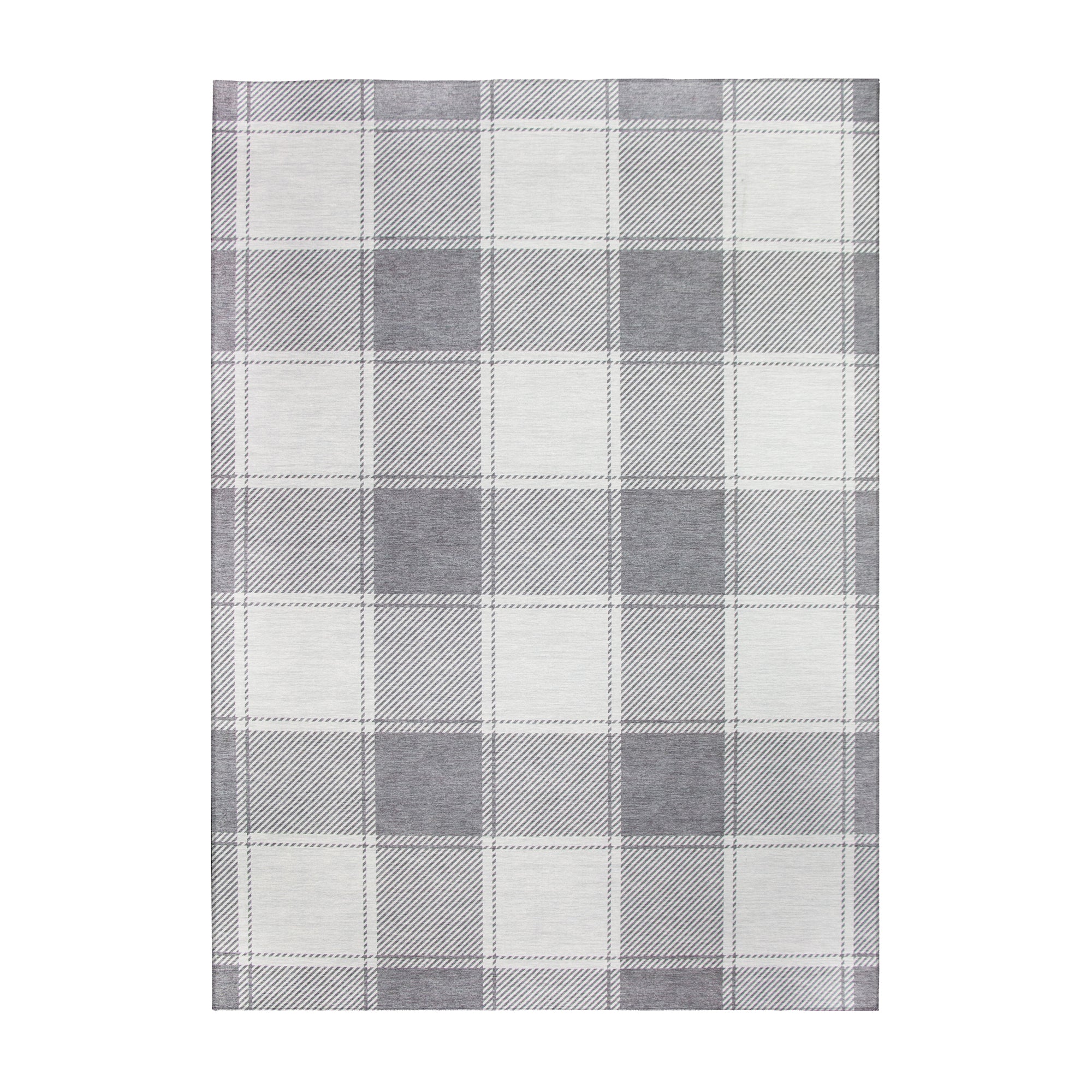 Buffalo Plaid Grey and White Living Room Washable Rug