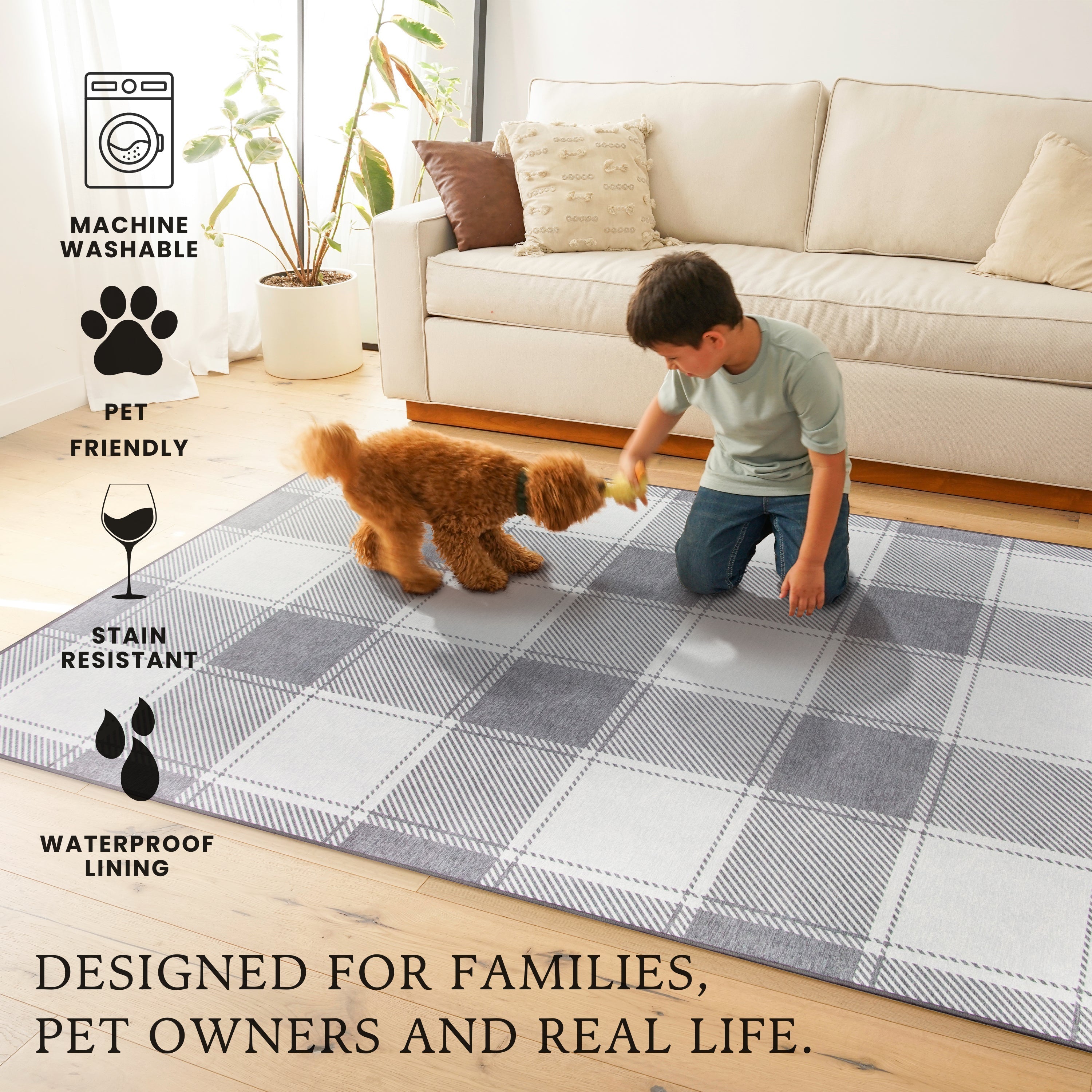 Buffalo Plaid Grey and White Dining Room Washable Rug